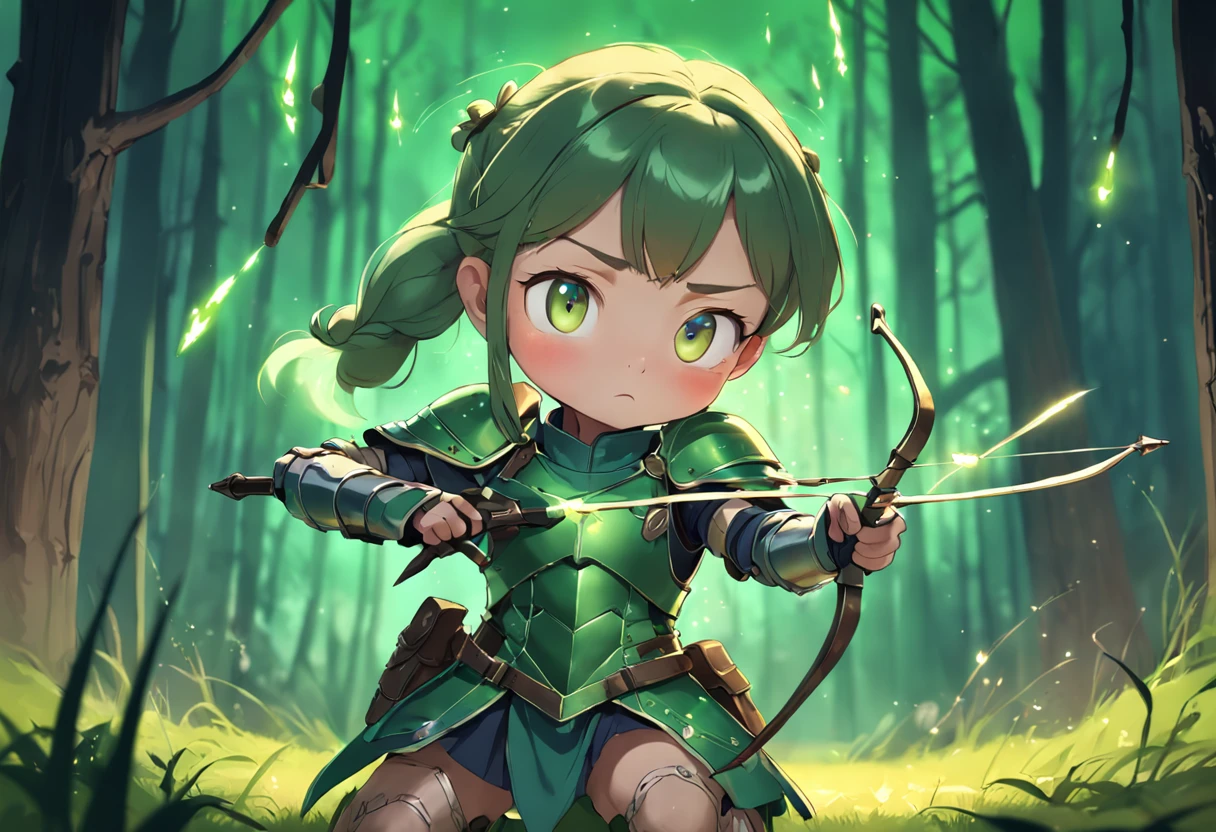 Cartoonish，Fat little girl in green leather armor，Pony tail，With crossbows and arrows，Glowing fireflies，，It's cute and cute，Kids Illustration，Light effect，Dingdall Effect，depth of fields，high light，Real Light，Ray traching，OC Rendering，A hyper-realistic，best qualtiy，8K，The master's work，ultra-fine，Detailed plot，correct anatomy，Clear focus on the eyes，The facial structure is reasonable，Facial features are carefully depicted