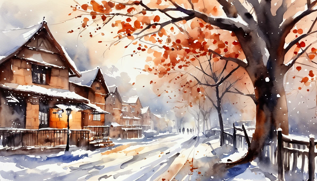 Old residential area，Red brick building，Big banyan tree，Clean the pavement，snow cover，Big snowflakes，Winters，in the early morning，Light white tones，super-fine，Carefully portrayed，high qulity，8K，