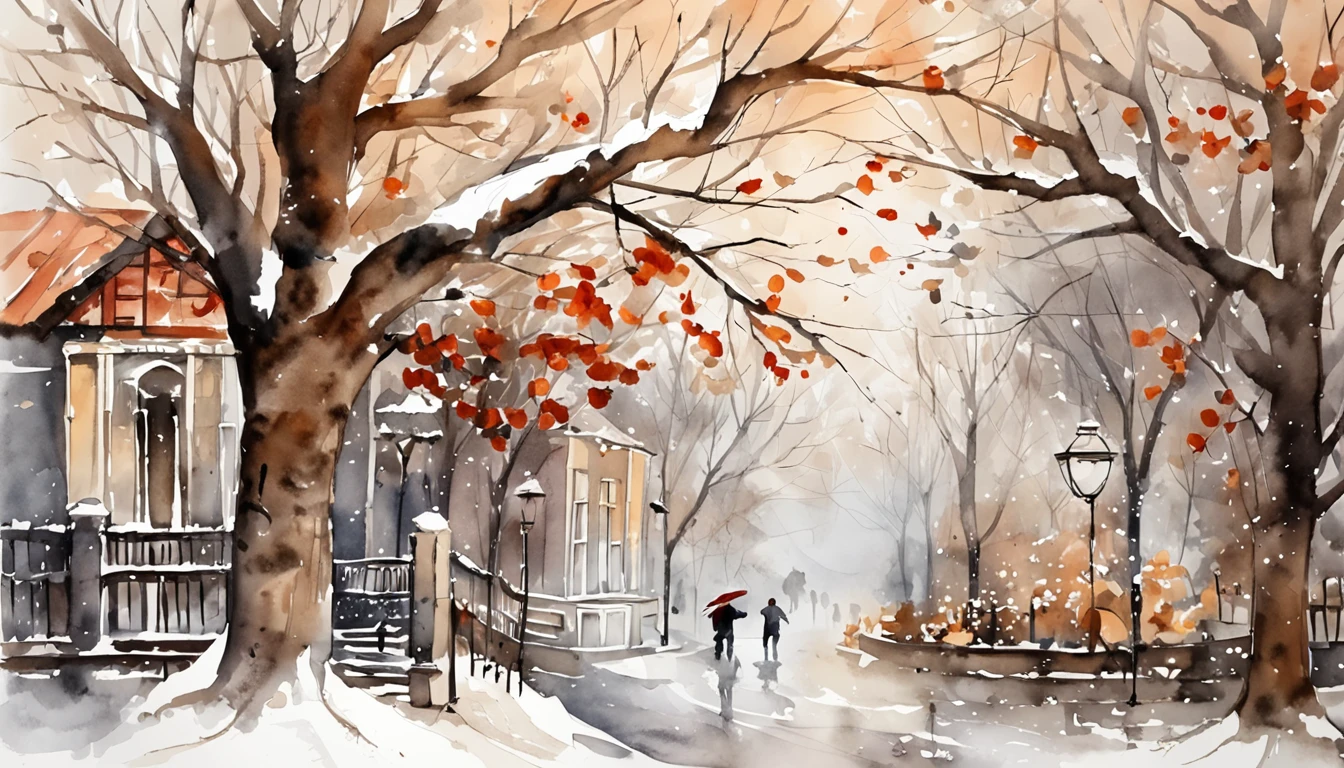 Old residential area,Red brick building,Big banyan tree,Clean the pavement,snow cover,Big snowflakes,Winters,in the early morning,Light white tones,super-fine,Carefully portrayed,high qulity,8K,
