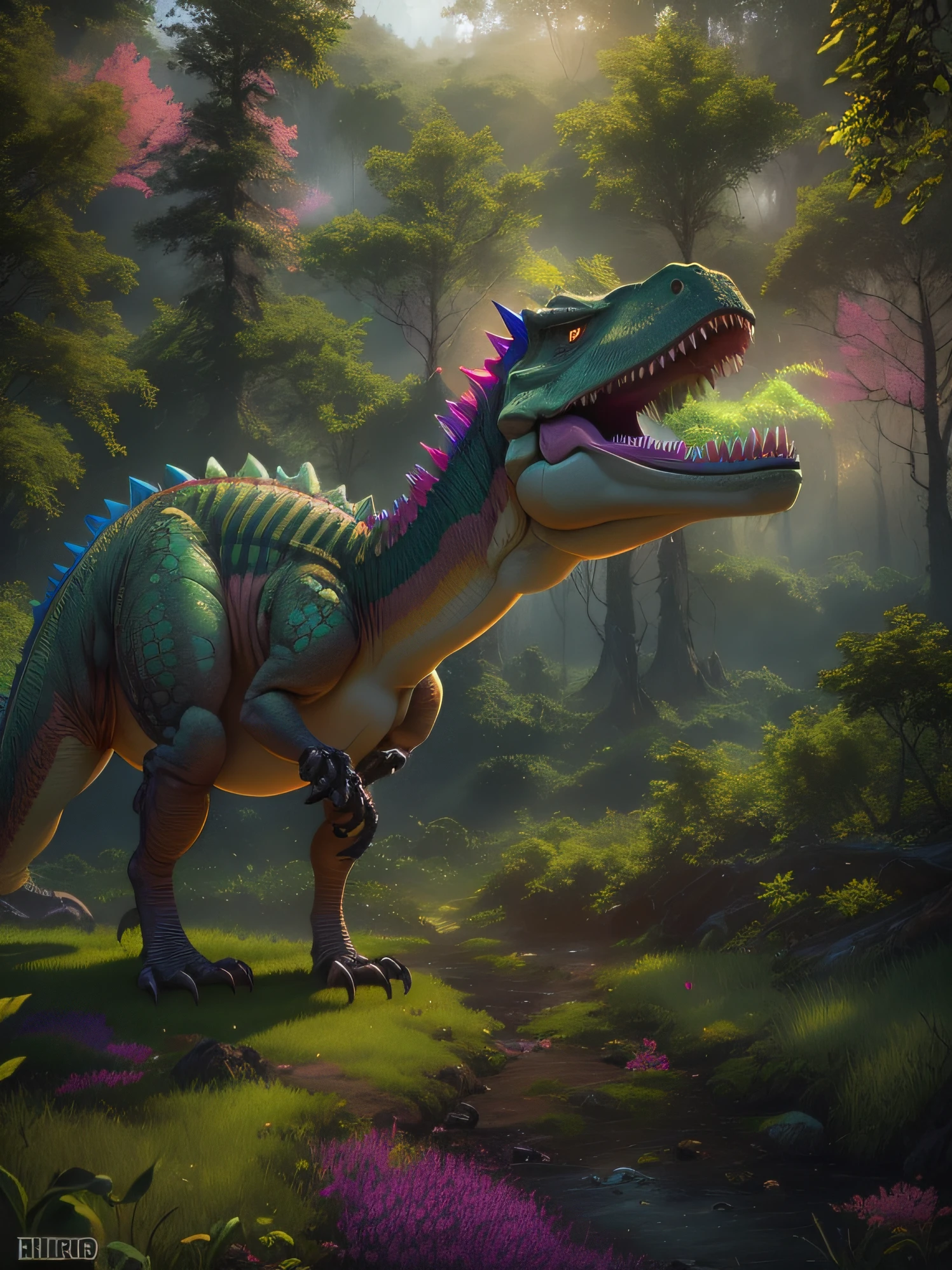 Uma imagem no formato paisagem (Dinossauro) anatomia detalhada perfeita. na floresta com montanha ao fundo. epic realistic, fotografia, desbotado, Cores Neutras, ((((HDR)))), ((((cores silenciadas)))), cena intrincada, art-station, detalhes intrincados, vinheta