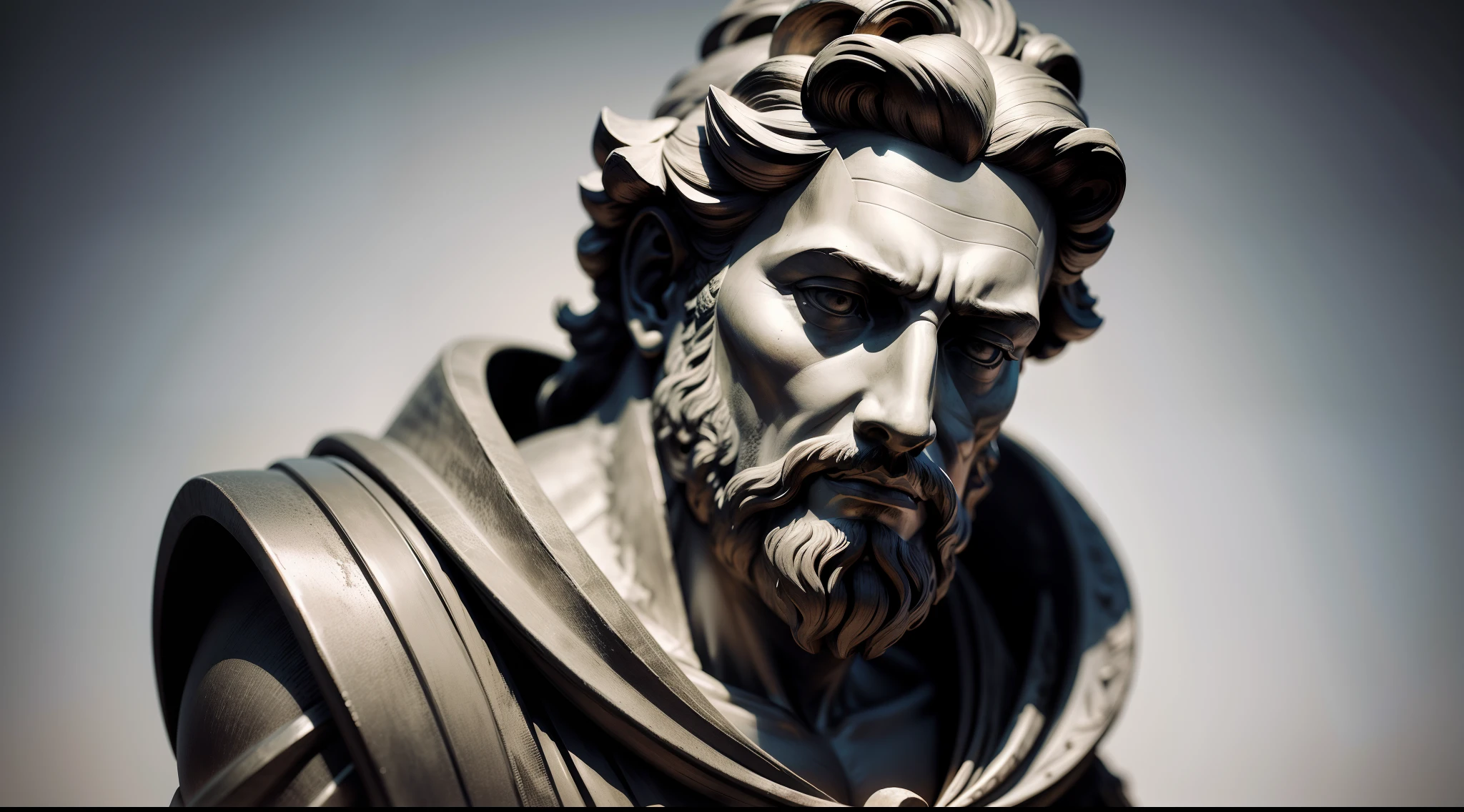 Realistic statue with all-black background of ancient philosopher Marcus Aurelius thoughtful. obra-prima, melhor qualidade, Textura 8K, altamente detalhados, realista, soft Cinematic Light, HDR, foco nítido, obra-prima, fotorrealista, fotografia premiada, Canon EOS R5, 35 mm.
