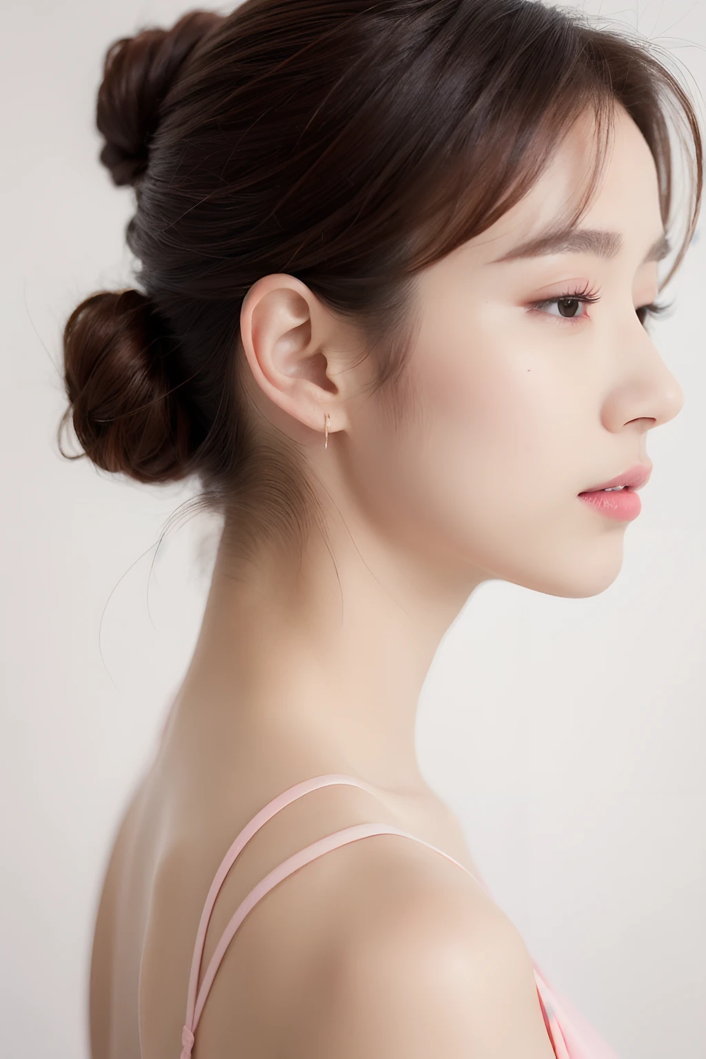 Masterpiece, Best Quality, 1girls, profile, ponytail, updo hair, nape of neck, pink lips, slightly upturned nose, long eyelashes, realistic skin texture, attractive face, blurred, white background