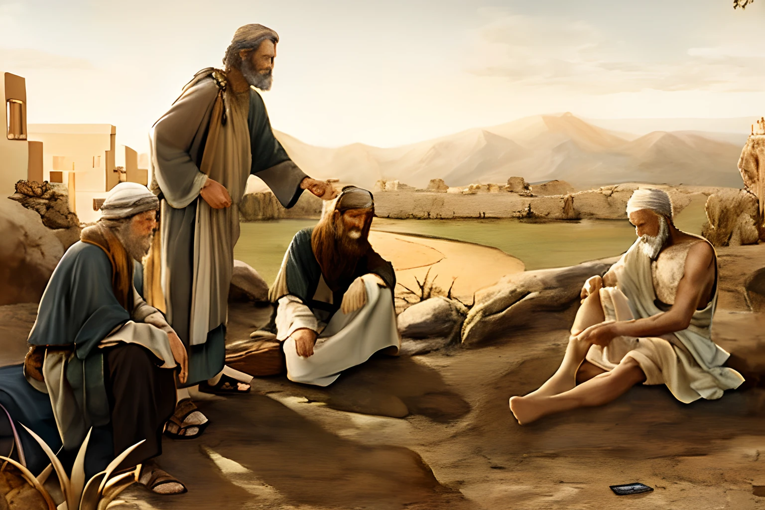 a painting of a group of men sitting on the floor, bible illustration, biblical painting, beautiful depiction, Directed by: Scott M. Fischer, epic biblical representation, by senior artist, Imagem absolutamente excepcional, dramatic artwork, biblical art style, Directed by: John O'Gorman, biblical image, hystorical painting, Beautiful image, Directed by: Meredith Dillman, breathtaking art, Ancient Biblical