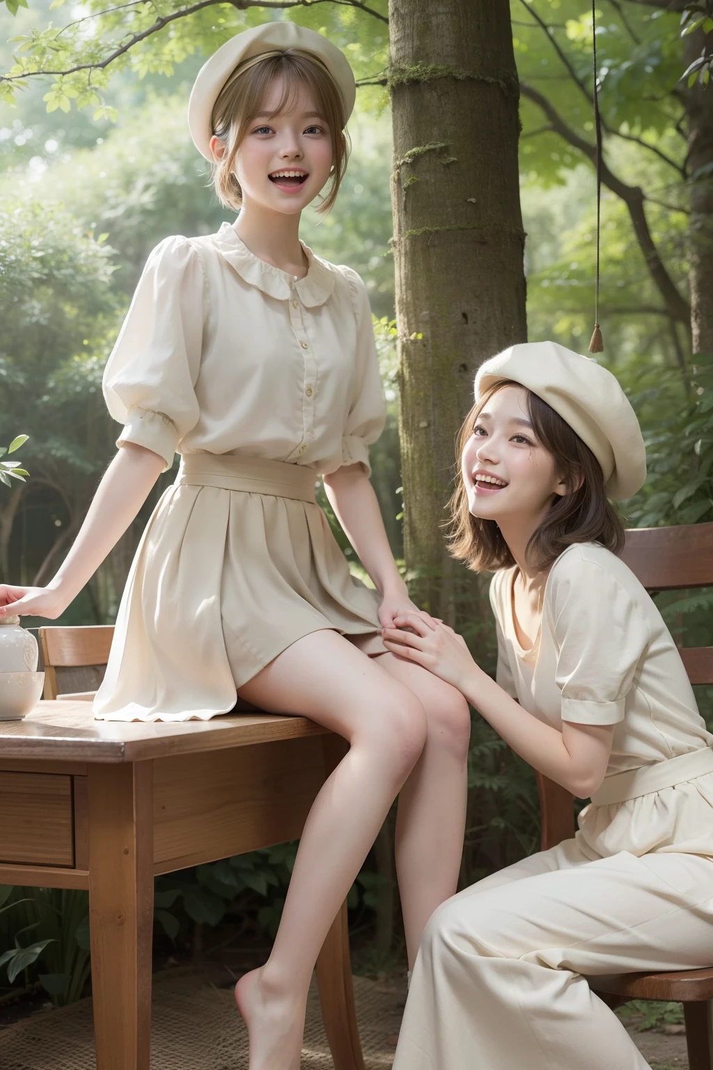 Photo Real、photoRealstic、top-quality、8K Beige hair、short-haired、Lots of bangs、Hair bouncing outward、bouncing hair、Messy bouncing hair、beret The contours of the face are round、small mouth、a small face、drooing eyes、elongated eyes、Young Face、a baby face、Beautiful skin White fashionable clothes、Beige long skirt、Long skirt 18year old、young body、skinny body、Beautiful skins Laughing、Facial expressions to enjoy、Laughing expression、Have fun、Gentle expression、Sit elegantly in a chair Background with、in woods、Sunlight shines in、Shade、beautiful forest、Wooden chair、Small wooden desk、vases
