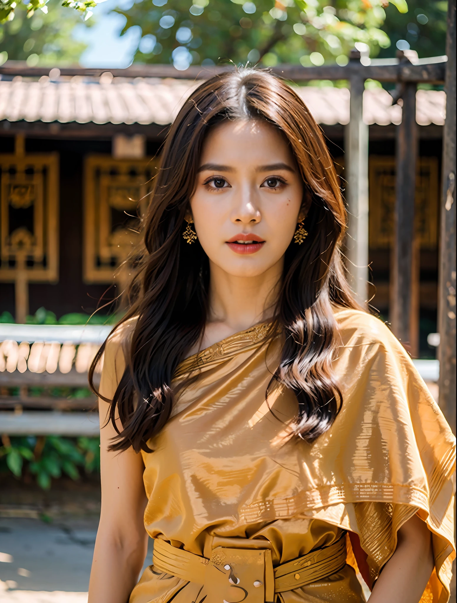 (8k,masterpiece,hi ultra res, realistic :1.3), best quality, portrait , realistic, focus face, 1  woman, brown long hair, thai traditional dress , ( red sabai:1.2), temple background, (breeze:1.2),(sun lighting:1.2)