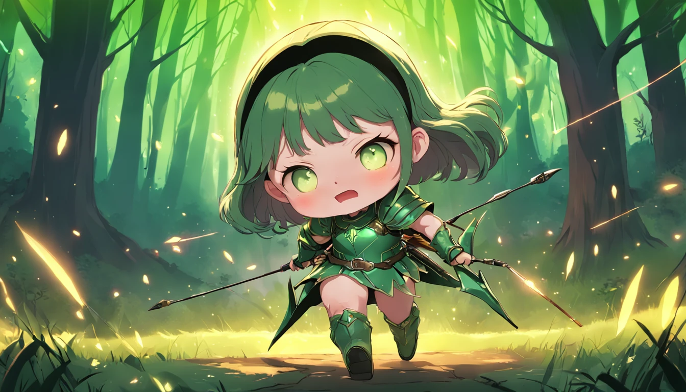 Cartoony,Chubby little girl in green light leather armor,archer,With crossbows and arrows,Glowing fireflies around,,Cute and cute,KIDS ILLUSTRATION,Glow effects,Dingdall effect,depth of fields,high light,Real light,Ray traching,oc rendered,Hyper-realistic,best qualtiy,8K,Works of masters,super-fine,Detailed pubic hair,Correct anatomy,sharp focus on eyes,The facial structure is reasonable,Facial features are carefully depicted