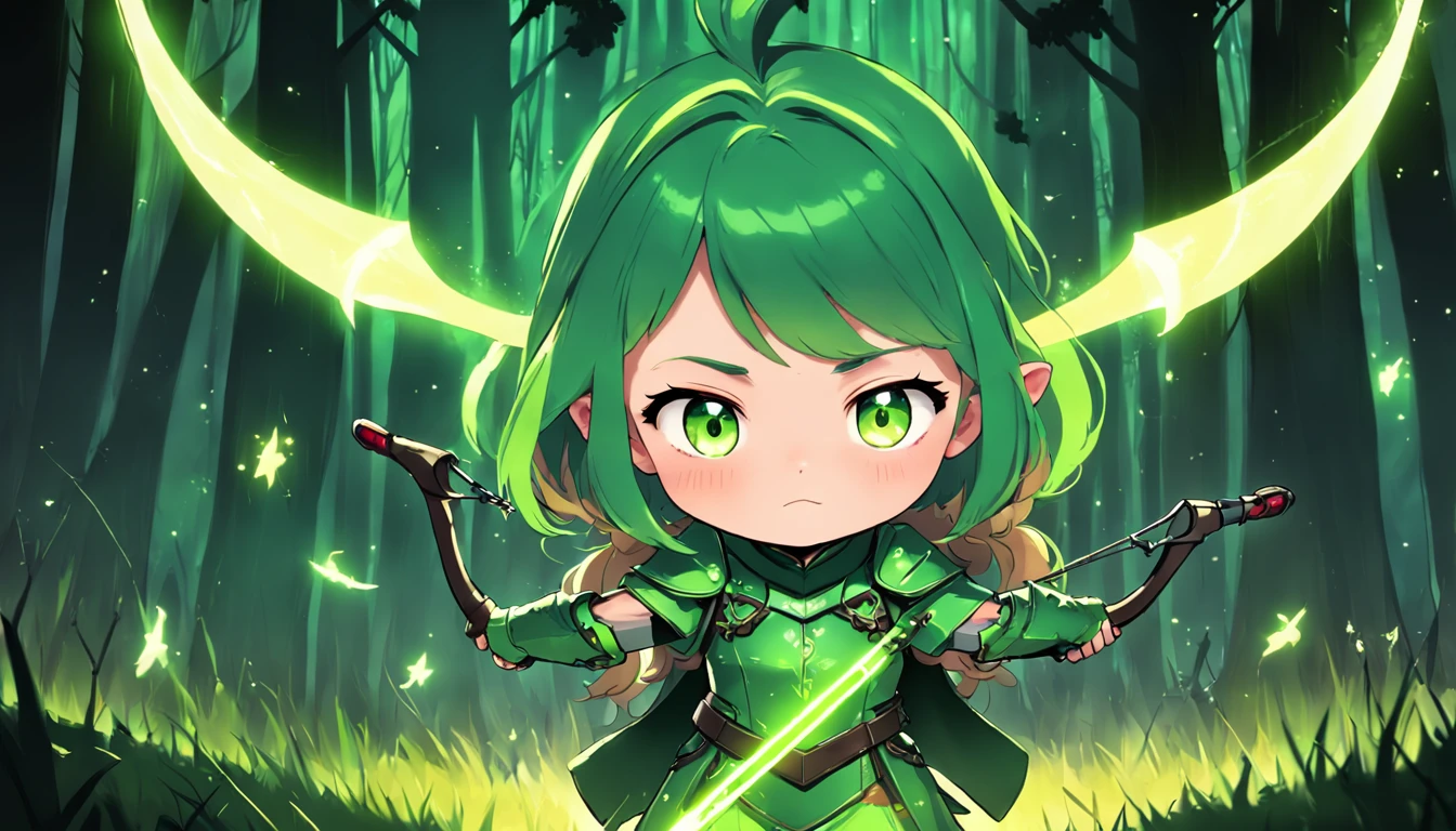 Cartoony,Chubby little girl in green light leather armor,archer,With crossbows and arrows,Glowing fireflies around,,Cute and cute,KIDS ILLUSTRATION,Glow effects,Dingdall effect,depth of fields,high light,Real light,Ray traching,oc rendered,Hyper-realistic,best qualtiy,8K,Works of masters,super-fine,Detailed pubic hair,Correct anatomy,sharp focus on eyes,The facial structure is reasonable,Facial features are carefully depicted