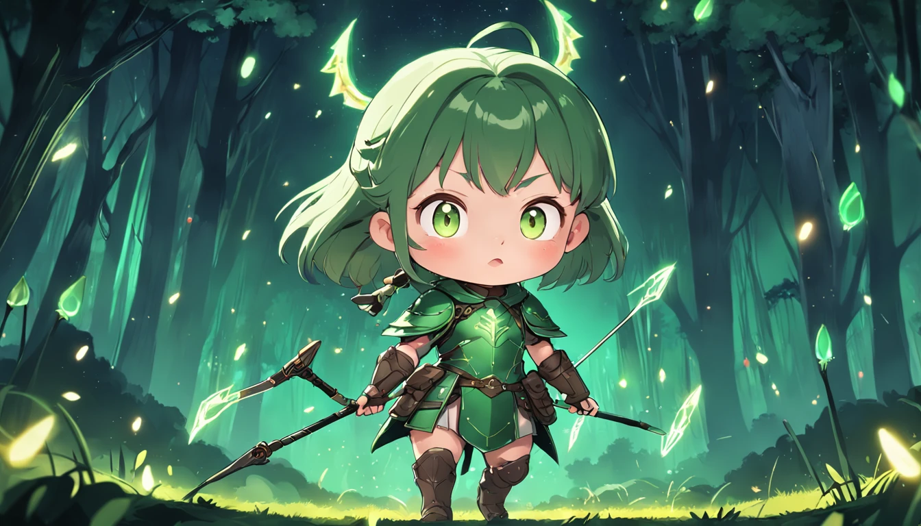 Cartoony，Chubby little girl in green light leather armor，archer，With crossbows and arrows，Glowing fireflies around，，Cute and cute，???? ILLUSTRATION，Glow effects，Dingdall effect，depth of fields，high light，Real light，Ray traching，oc rendered，Hyper-realistic，best qualtiy，8K，Works of masters，super-fine，Detailed pubic hair，Correct anatomy，sharp focus on eyes，The facial structure is reasonable，Facial features are carefully depicted