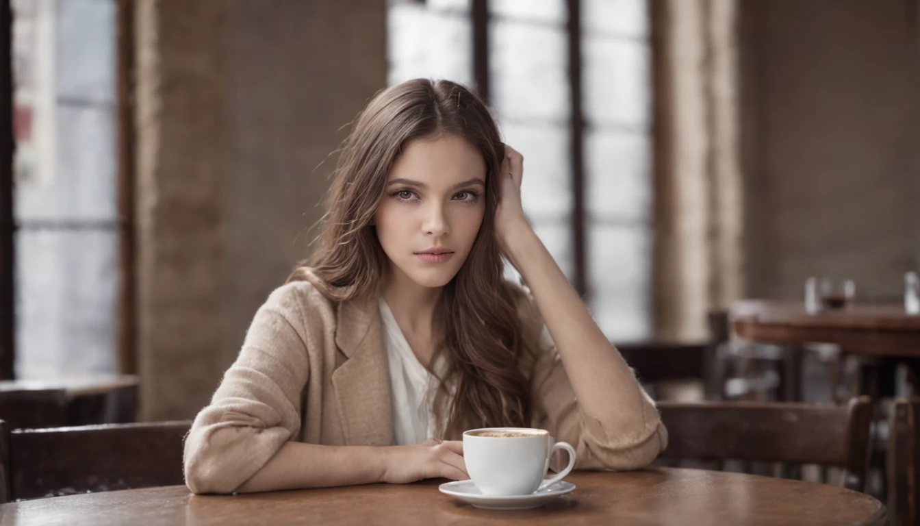 a gentleman at a table with a cup of coffee, garota misteriosa da cafeteria, sitting at a café, sitting in a cafe alone, visual real de um senhor bonito, sitting alone in a cafe, Kawacy,  4K