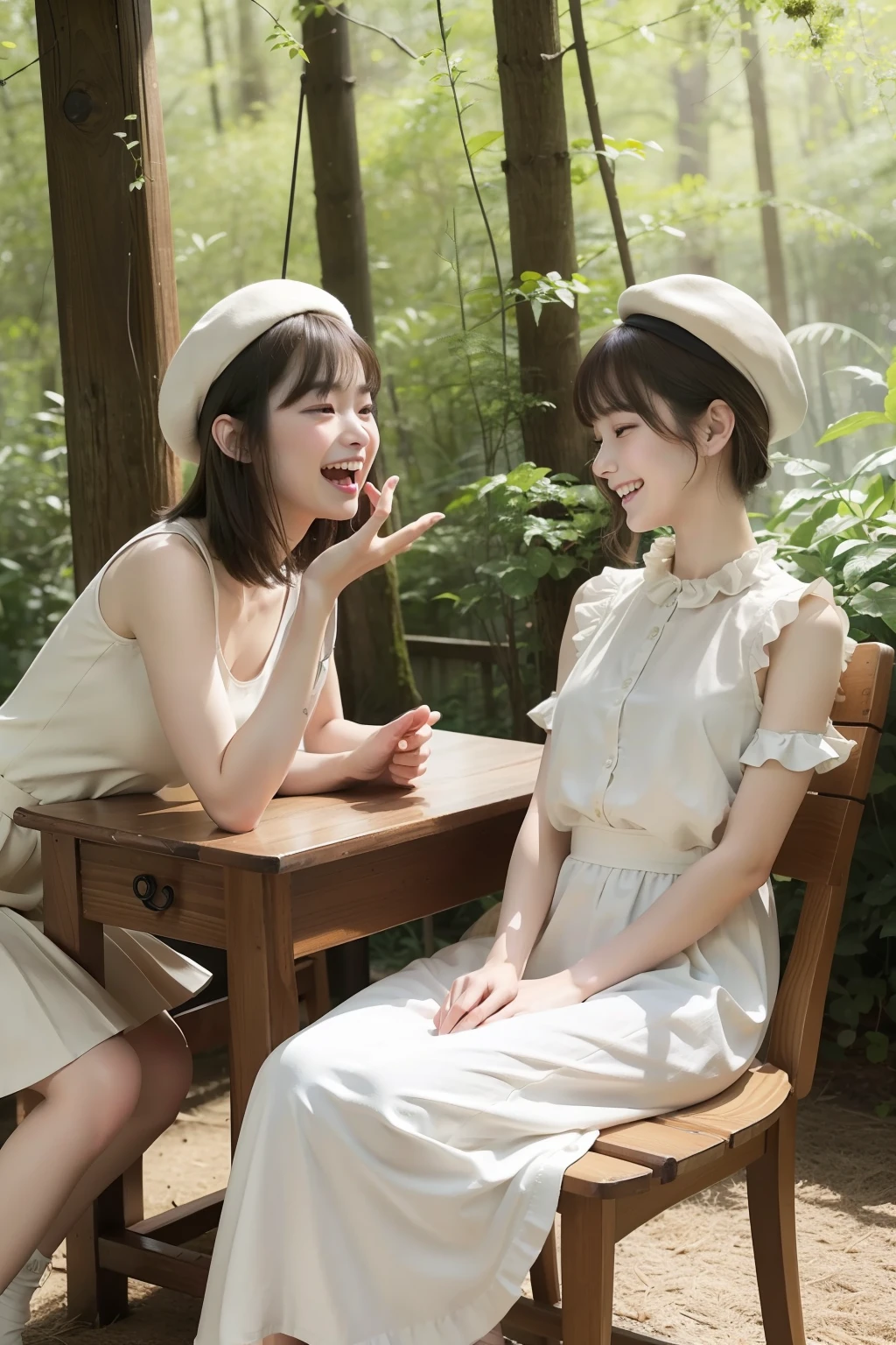 Photo Real、photoRealstic、top-quality、8K Beige hair、short-haired、Lots of bangs、Hair bouncing outward、bouncing hair、Messy bouncing hair、beret The contours of the face are round、small mouth、a small face、drooing eyes、elongated eyes、Young Face、a baby face、Beautiful skin White fashionable clothes、Beige long skirt、long skirt 独奏、18year old、young body、skinny body、Beautiful skins Laughing、Facial expressions to enjoy、Laughing expression、Have fun、Gentle expression、sit a chair Background with、in woods、Sunlight shines in、Shade、beautiful forest、Wooden chair、Small wooden desk、vases