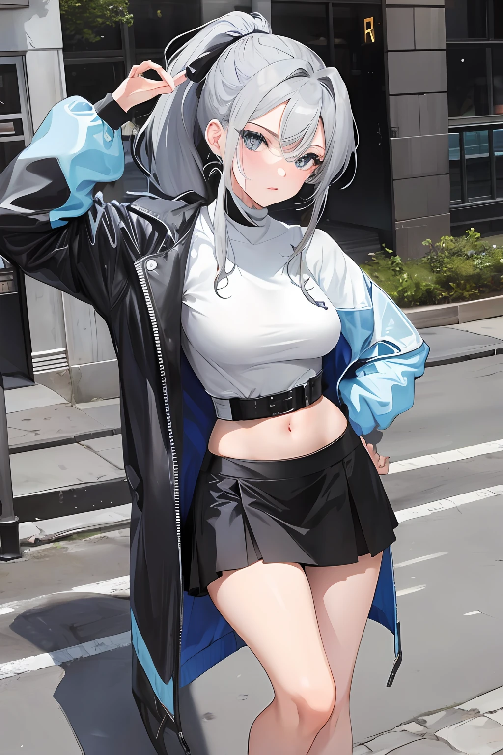 Gray hair, double ponytail, very sexy skirt worn blue eyes