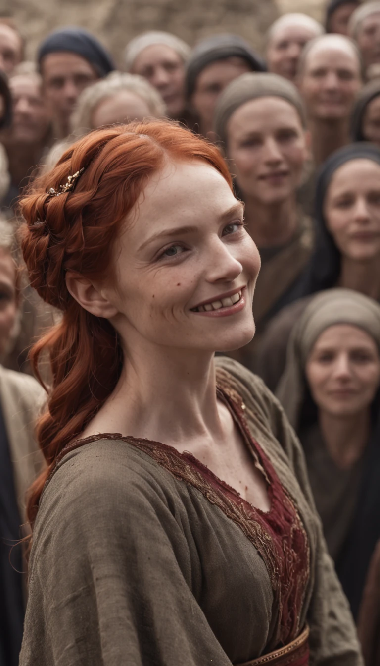 a red head hebrew woman in a biblical dress, perfect face, standing in front of a crowd of people, everyone smiling, and laughing,afterlife, after life, anti life, style of arcane tv series, after all, altered carbon style, aftermath, after effects, live action movie, alfredo and the afterlife, life after the plague, series on netflix, live action film