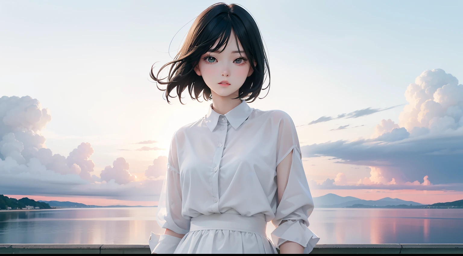 tmasterpiece，best qualtiy，1 girlirl，Short flowing black hair，white  clothes，The skin is white and delicate，Delicate and beautiful face，looking at viewert，Clouds，Skysky