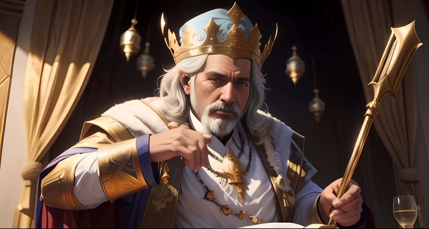 um homem de coroa e manto segurando uma varinha, Velho Rei Medieval, O Rei Branco, Reis Cruzados 3, picture of a male cleric, Retrato de um Rei, Detalhes do caractere 8K, Retrato de um velho rei medieval, hyper realistic content, renderizado no Unreal Engine 5, Astri Lohne, arte do personagem do motor irreal, celebrando um rei sendo coroado