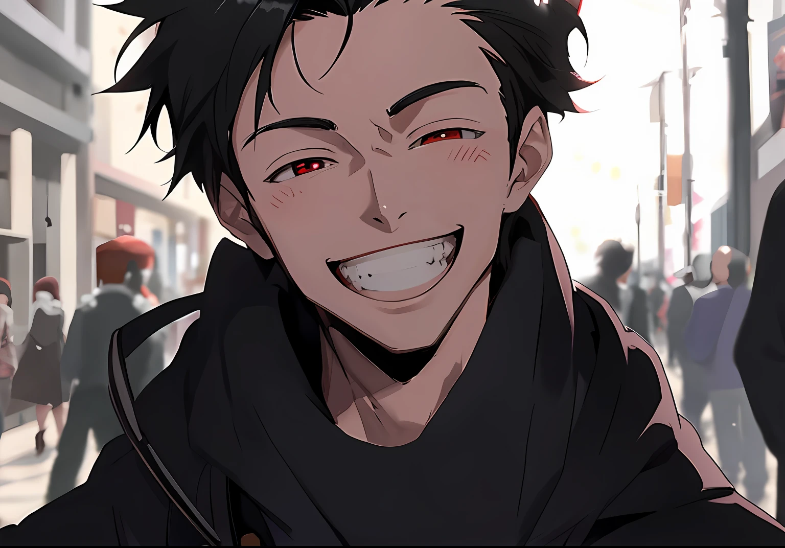 Anime characters with black hair and red eyes smiling in crowded streets, grinning lasciviously, he is smiling, smileing nright, Hefty Smile, laughing sweetly, [[[[grinning evily]]]], mad smile, happy grin, Guviz-style artwork, smug grin, smiling maniacally, mischievous grin