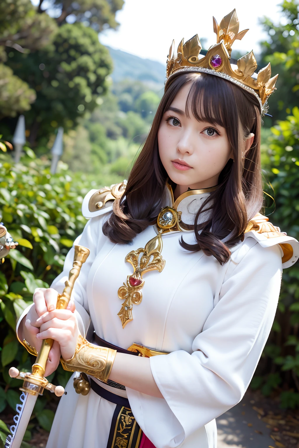 (masutepiece), Professional , masterpiece、top-quality、photos realistic , depth of fields (Gemstone Silver Metal Body:1.9),(Matte White、 Gold Weapon_(Metal:1.4),Gorgeous metal weapons , Detailed Sword of the Brave , Beautiful knife ,warhammer 40k , adepta sororitas,Detail and ornate jewel crown、Brown hair、Gangle's forest background、Beautiful Caucasian beauty、1a person、dynamic ungle,(((Detailed and ornate diamond crown)))、Particles of light、