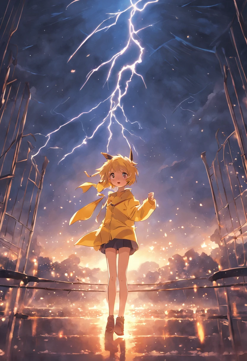 tmasterpiece，best qualtiy，cinematic Film still from，
Pikachu，lightning，Held in the arms of a girl，
Floating in the sky，closeup cleavage，brightened，cheerfulness，
Warm and soft lighting，evening glow，（spark of light：0.7）
