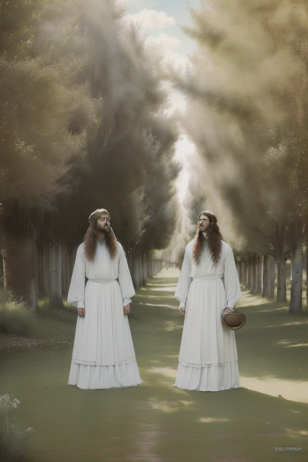 (((Pre-Raphaelite painting of men in white, Druids in the Alameda de Álamo-Tremedor, birch, Cogumelos, Poplar-tremedor, twin brothers, paisagem celta, outono)))