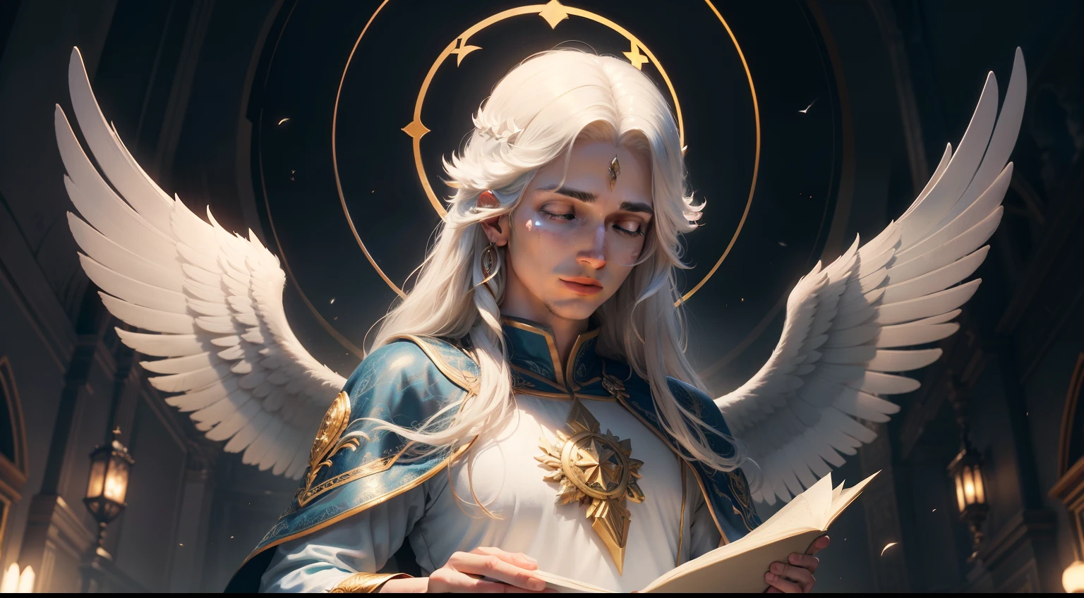 "Por favor, create a high-definition image that depicts Archangel Gabriel in a majestic and inspiring way. Visualize uma figura angelical com asas largas e brilhantes, raised to heaven. Archangel Gabriel is emanating a soft and comforting light, com tons de azul e ouro, que iluminam suavemente o ambiente ao seu redor. His expression is serene, and he holds a scroll in his hands, symbolizing their mission to convey divine messages. Pay attention to the details of the wing feathers, of the garments and features of the face, ensuring a detailed and vivid representation. The image should convey a sense of peace, Wisdom and connection with the divine. Make sure that the generated image is in high definition, with sharp strokes and vibrant colors to capture all the spirituality and majesty of Archangel Gabriel."