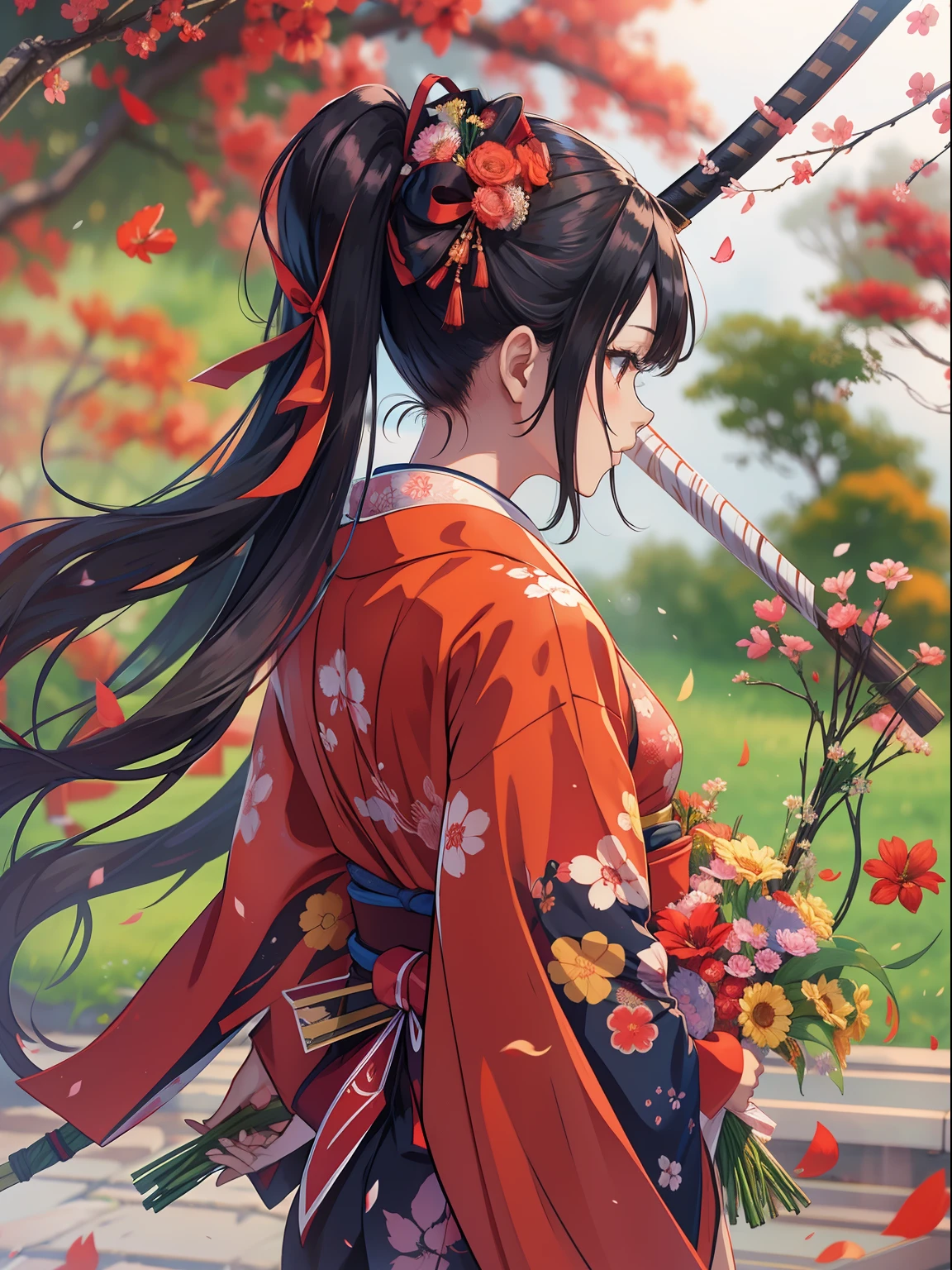 clearface, ​master piece, hyper quality, Hyper Detailed, Perfect drawing, nffsw, Beautiful impression of 8K, Soio、girl with, Samurai attire、samurais、Kimono, Black hair, poneyTail, Red Ribbon, Standing Pose, ((Wrapping a large bouquet))、butt sticks out, Red loincloth(T back)、Hem fluttering in the wind