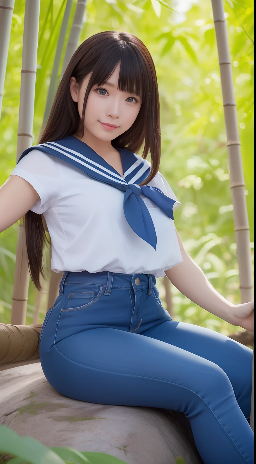 a pregirl,Thirty year old, ssmile, looking at viewert, sailor uniformm,skintight jeans, photore, realisticlying, Best quality at best, employee, 详细的脸, Sitting on a large rock in the middle of a bamboo forest, diffuselighting, depth of fields, Background bokeh