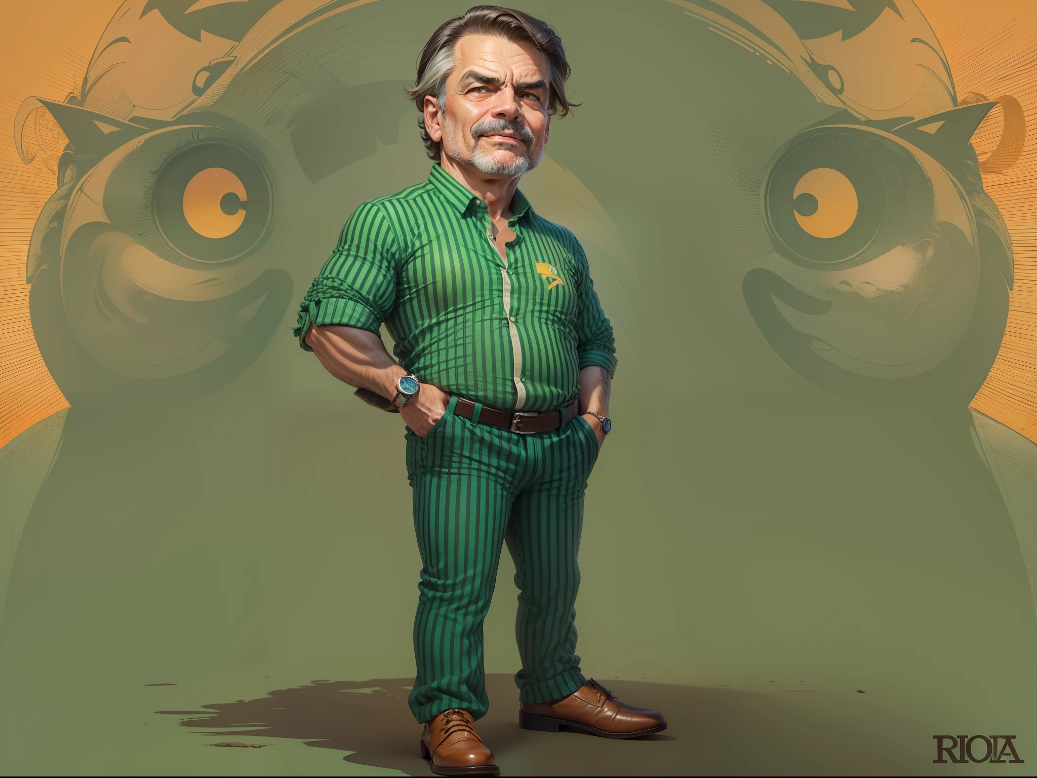 [Lula 0.75], [Bolsonaro 0.75], a photo of a person who is the fusion of Luís Inácio Lula da Silva and Jair Messias Bolsonaro, imagem de fantasia, camisa vermelha, gravata verde e amarela, caricatura, rindo, ao lado uma mala com dinheiro e joias, Rolex Watch. detalhes intrincados, 8K