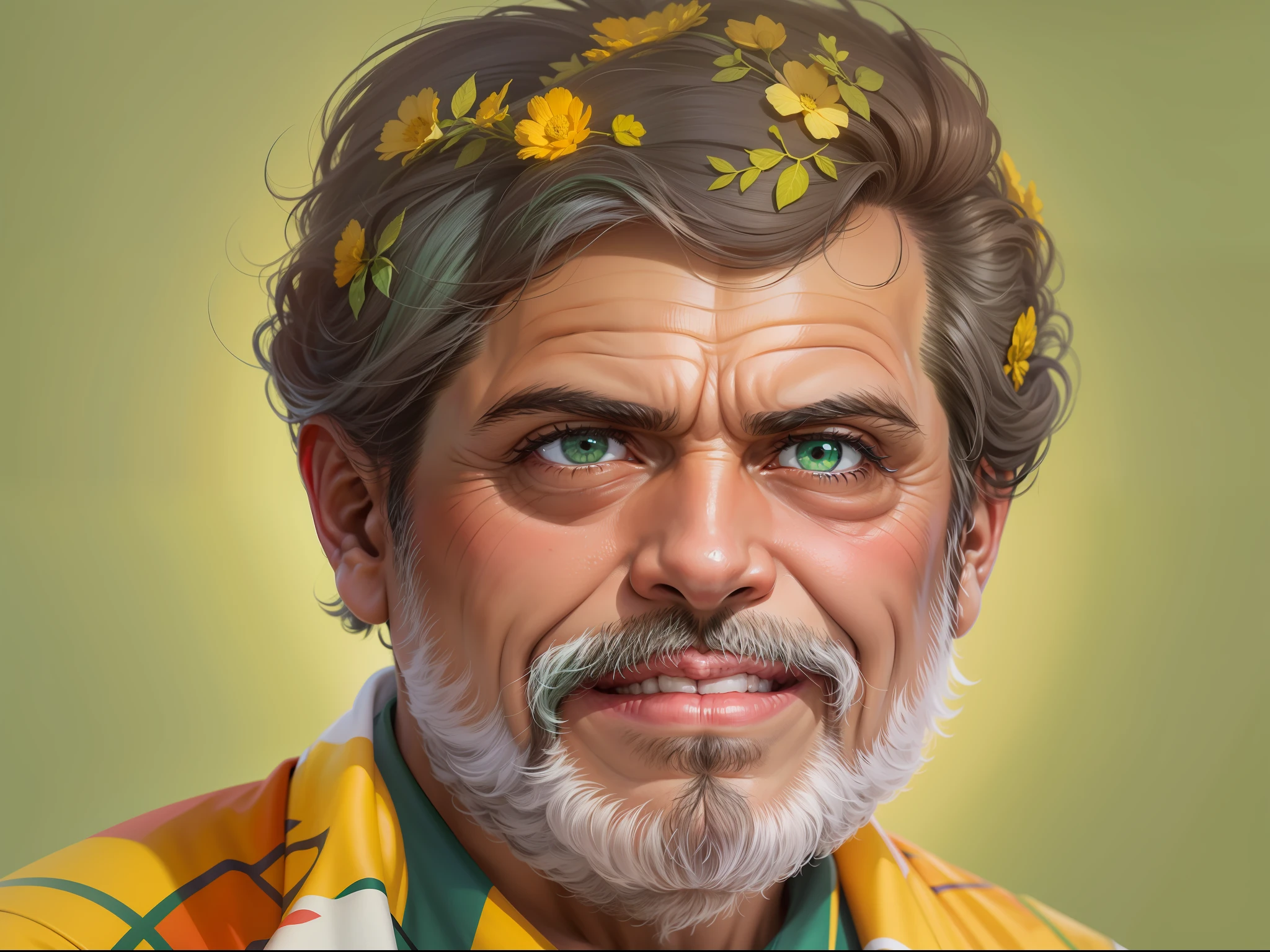 [Lula 0.75], [Bolsonaro 0.75], a photo of a person who is the fusion of Luís Inácio Lula da Silva and Jair Messias Bolsonaro, imagem de fantasia, camisa vermelha, gravata verde e amarela, caricatura, rindo, ao lado uma mala com dinheiro e joias, Rolex Watch. detalhes intrincados, 8K