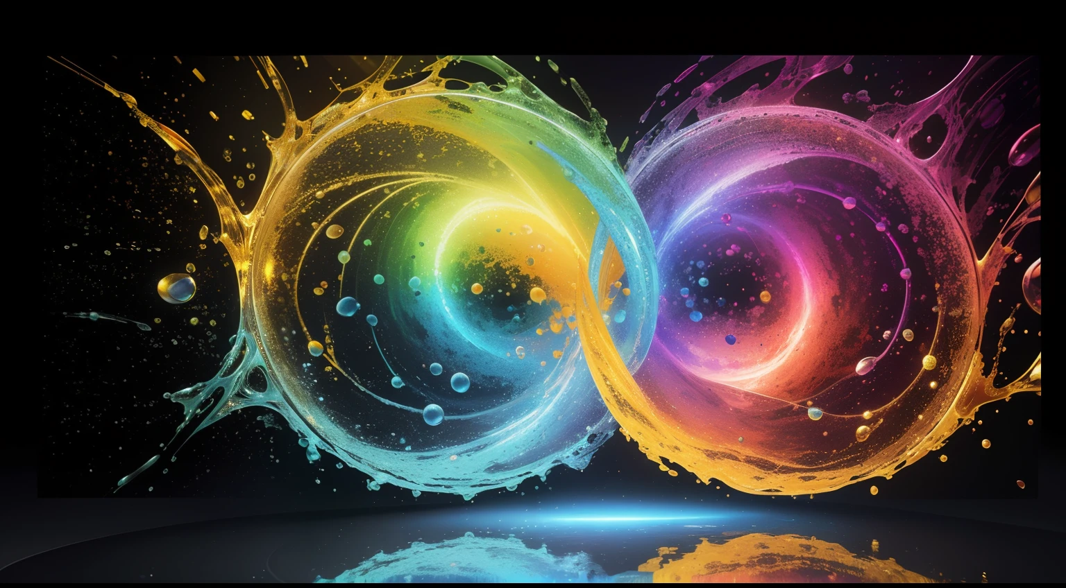 ((Alberto Severo art, 2 torbelinos de gotas multicolores chocan y caen sobre una superficie brillante que las refleja, salpicaduras gotas congeladas multicolores solo gotas y salpicaduras multicolores y ondas expansivas multicolores en circulos concentricos en la superficie, brillos tornasolados, en el fondo esta cayendo nieve dorada )), (fotografia digital ,cinematic lighting gran acercamiento , ), obra hiper realista, efectos 3D, Ultra HD, obra de arte magistral ,16k Arte digital 4K altamente detallado, Pintura digital intrincada, Arte digital detallado 4K,Esta cautivadora pantalla, skillfully crafted with the animation capabilities of Cinema 4D, Bring liquid droplets to life in a symphony of textures and colors. The final composition, Enriched with gamma correction and tone mapping techniques, reflects the unique artistic styles of Alberto Severo