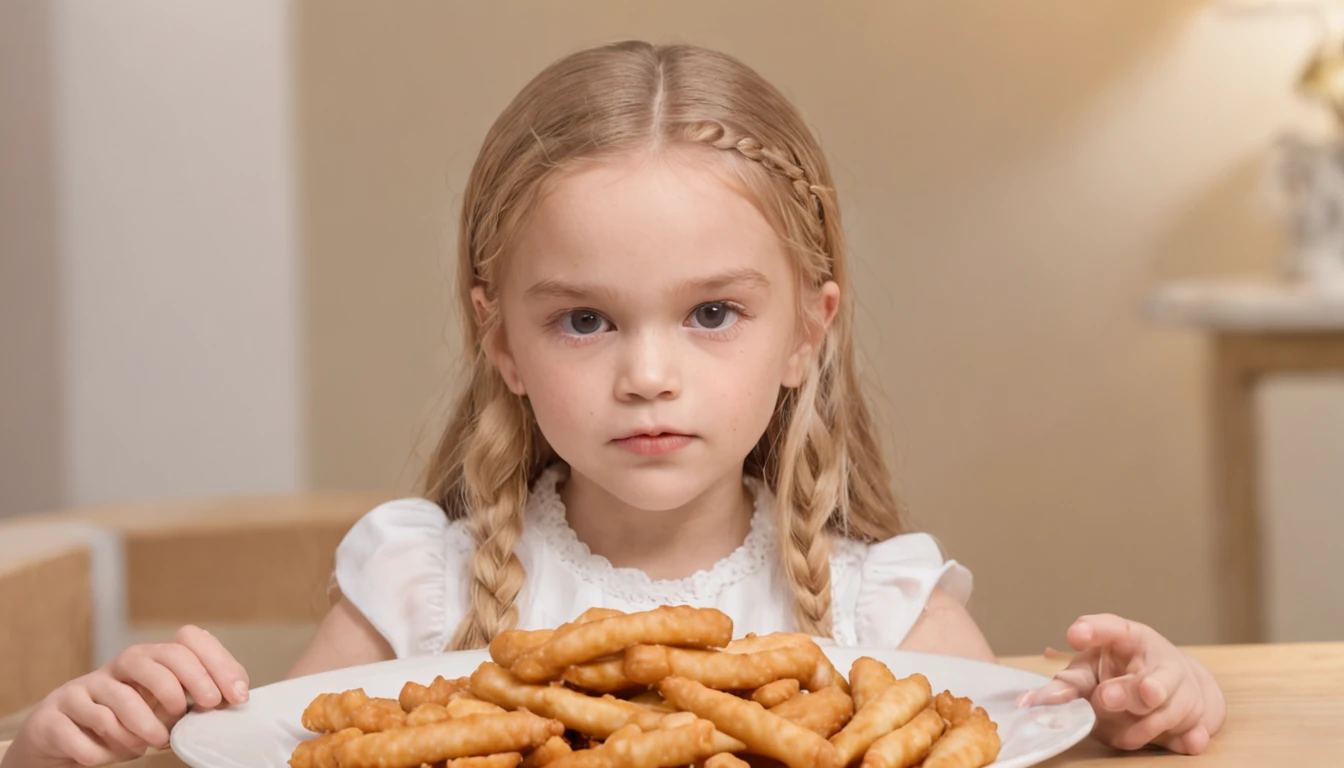 Long blonde child girl hair braids , There are five fried food items on a plate on a table, em forma de cone, crisp and sharp, chifres do diabo, imagem do produto de alta qualidade", nuggets de frango, Piques, 1 5 0 4, piroca, Chifres do diabo, 1505, volcanos, sharped image, brasileiro, Condorito, cone, Braavos, Hosada