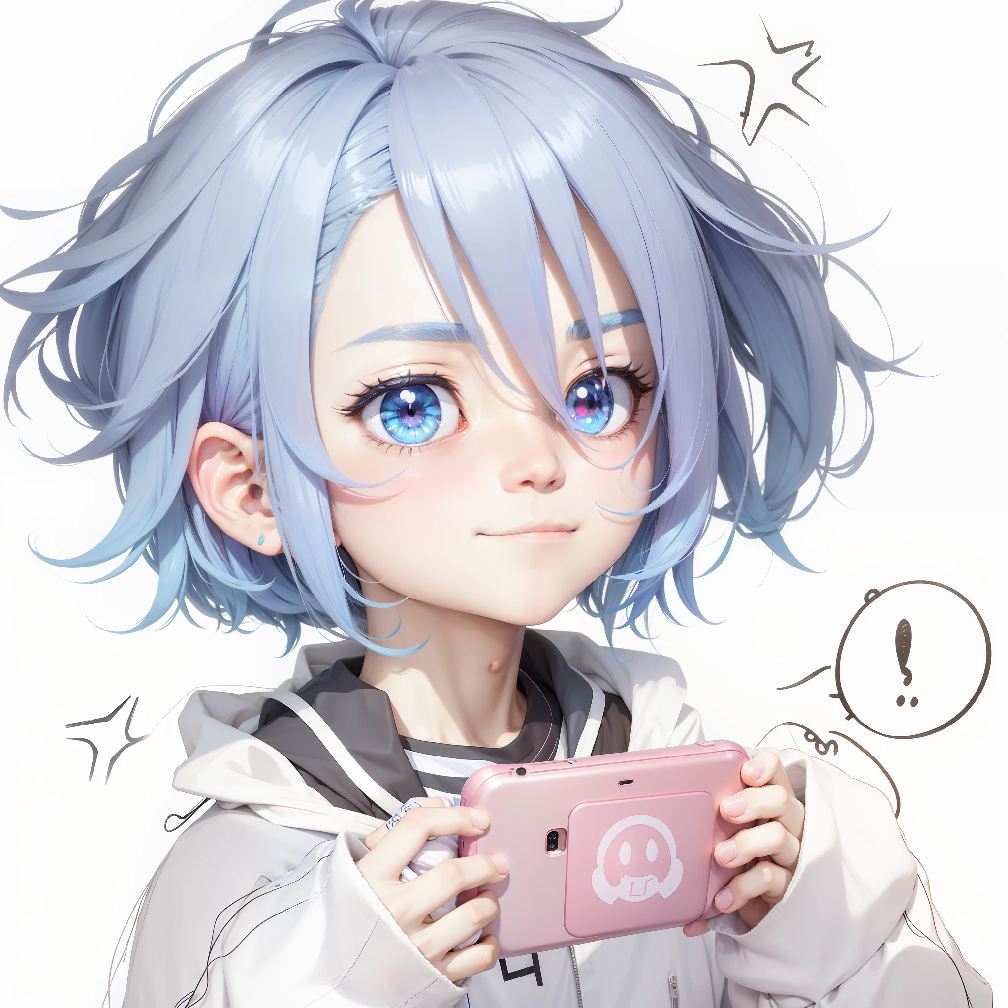 Anime boy with blue hair holding a pink cup，grin face, anime moe art style, accidentally taking a selfie, Check his phone, with index finger, He has a cute expression face, tired haunted expression, tired and haunted expression, in an anime style, he is holding a smartphone, anime-twitter, Hand drawn style