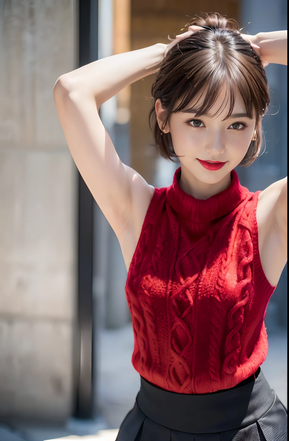 ((Show underarms、Ultra-realistic armpits、、Armpit、Detailed armpit wrinkles、Detailed armpit pores、Realistic armpit skin、Black armpit skin、Black armpits、armpit pose、gazing at viewer、smil、Full body armpits standing facing the viewer、Show both armpits、micromini skirt、Very short skirt、No panties、With no pan、Super mini skirt with waist length slit、No pants super mini skirt with waist length slit、Standing on the street、Stand in the middle of town、in a street)), (illustratio), (hight resolution), (8K), (ighly detailed), (The best illustrations), (armpit pose、beatiful detailed eyes), (top-quality), (ultra-detailliert), (masterpiece), (wall-paper), (详细的脸), (A smile、((40 years,red lipsticks,femele,Show realistic armpits))、Brown hair,short-hair,((Red sleeveless sweater and very short skirt、No panties!)), japanes,(slim body、Small、No panties!)