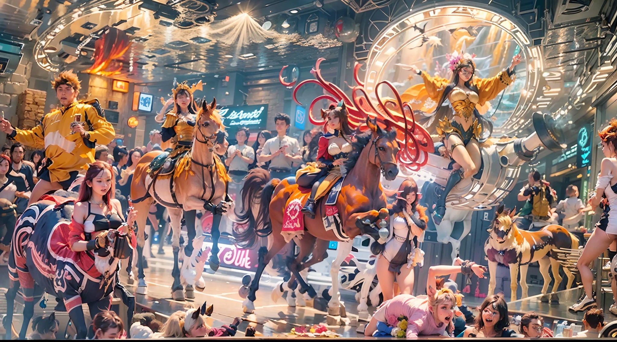 In the beautiful illustration of this super-grand scene，The ultra-long-range lens is shown（Over eight unique centaur characters：9.9），They all have their own characteristics，Vivid and interesting。Radiant angelic centaurs from the heavenly realm，To the hellish centaurs surrounded by nightmarish flames，And then to the Wind Fairy Centaur dancing in the air，There are also one-horned centaurs surrounded by thunder and lightning，and mechanical centaurs that shine with metallic light，And then to the powerful dragon centaur with colored dragon scales covering the whole body，The elegant and agile elf centaur always wears a flower crown with its slender graceful lines，Enchanting and charming Tiflin centaurs。Each character has their own unique charms and abilities。The illustration uses advanced artistic techniques and tools，（Divide the scene into sections by geometric arrangement：9.9），Each section corresponds to a centaur character，This makes more efficient use of space。Through Midjourney's advanced brush tools、Color palette、Material packs and model packs，For each centaur, beautiful props are designed to increase racial characteristics、Clothing and physical features，Enhances the character's personality and visual appeal。The scenery in the illustrations is stunning，There are changing skies、rainbowing、extreme light、Stars and Moon。Incorporating iconic landmarks such as Mount Everest，and fireworks、tranquil lake、Natural and urban elements of waves and neon lights，Creates a magical atmosphere。The centaurs display their unique abilities and equipment in a variety of environments，This is true even in extreme alien landscapes。（Use Midjourney's tools、Material packs、Texture tools、The color palette makes depicting details vivid and realistic：9.9），From complex hairstyles and as well as different racial traits、Body、Appearance features、Clothing to real textures，This greatly enhances the realism of the characters and surroundings。The fusion of multiple art styles adds movement to the centaur's