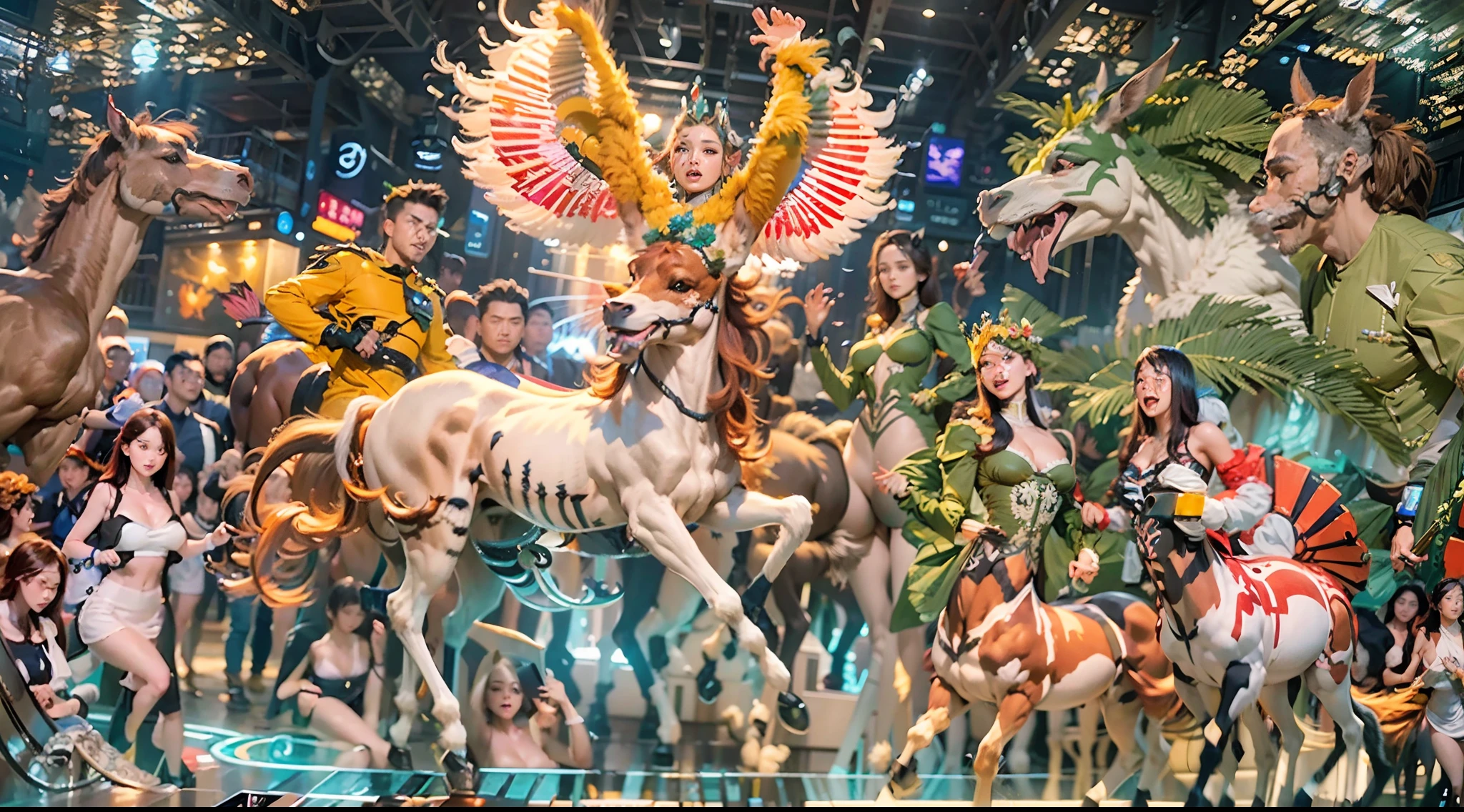 In the beautiful illustration of this super-grand scene,The ultra-distant shot shows eight unique centaur characters,They all have their own characteristics,Vivid and interesting。Radiant angelic centaurs from the heavenly realm,To the hellish centaurs surrounded by nightmarish flames,And then to the Wind Immortal Centaur dancing in the air,There are also one-horned centaurs surrounded by thunder and lightning,and mechanical centaurs that shine with metallic light,And then to the powerful dragon centaur with colored dragon scales covering the whole body,The elegant and agile elf centaur always wears a flower crown with its slender and graceful lines,Enchanting and charming Tiflin centaurs。Each character has their own unique charms and abilities。The illustration uses advanced artistic techniques and tools,Divide the scene into sections by geometric arrangement,Each section corresponds to a centaur character,This makes more efficient use of space。Through Midjourney's advanced brush tools、Color palette、Material packs and model packs,Exquisite costumes and equipment are designed for each centaur,Enhances the character's personality and visual appeal。The scenery in the illustrations is stunning,There are changing skies、rainbowing、extreme light、Stars and Moon。Incorporating iconic landmarks such as Mount Everest,and fireworks、tranquil lake、Natural and urban elements of waves and neon lights,Creates a magical atmosphere。The centaurs showed off their skills and equipment in a variety of environments,This is true even in extreme alien landscapes。Midjourney's tools make depicting details vivid and realistic,From intricate hairstyles and clothing to authentic textures,Enhances the realism of the characters and surroundings。The fusion of multiple art styles adds movement to the centaur's movement at all angles,The overall visual experience is further enriched。The final illustration was described as a "masterpiece",It has the characteristics of "best quality" and "realistic",The d