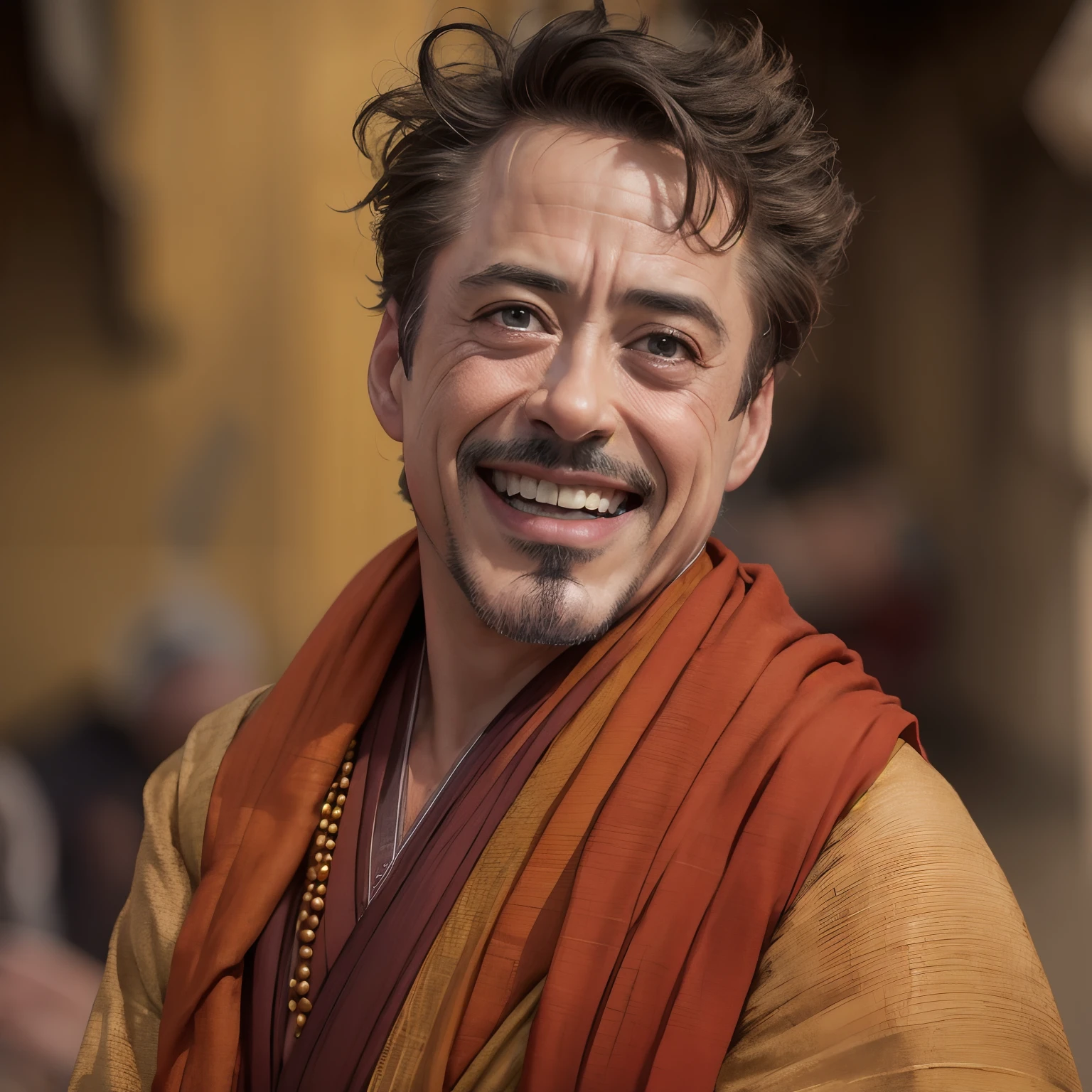 robert downey jr, Smiling Face, cinematic portrait photo of a very interesting robert downey jr Wearing the saffron robes of a monk, Inspired by Sadhusant, Saffron clothes, Rudraksha beads, rudraksha in hand, ghat of varanasi, eyes close up, highly detailed vfx portrait, taken with a full frame camera with a wild lens,