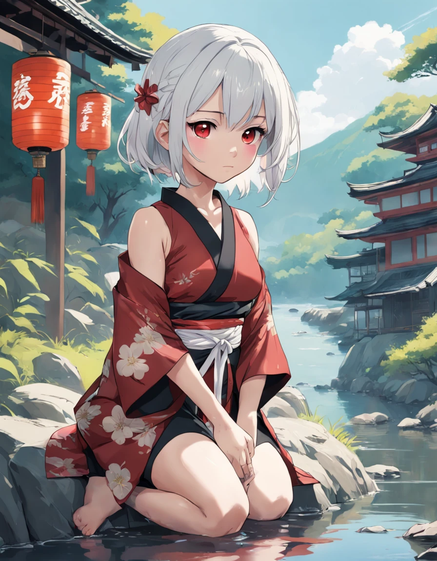 Detailed portrait of a Japanese girl, Skinny girl, Pear-shaped body, Red and black, old anime style, (anime big breast), (teen girl:1.2), Ghibli style, boobgasm, (tatoos:1.2), No shoulder strap, Shirt collar, Kneeling, looks away, in river, Flat colors, Intricate, Elaborate dress, Beautiful face, Short hair, White hair, hijabi sluty, River, landscape, Masterpiece, Best quality, Old Japanese house