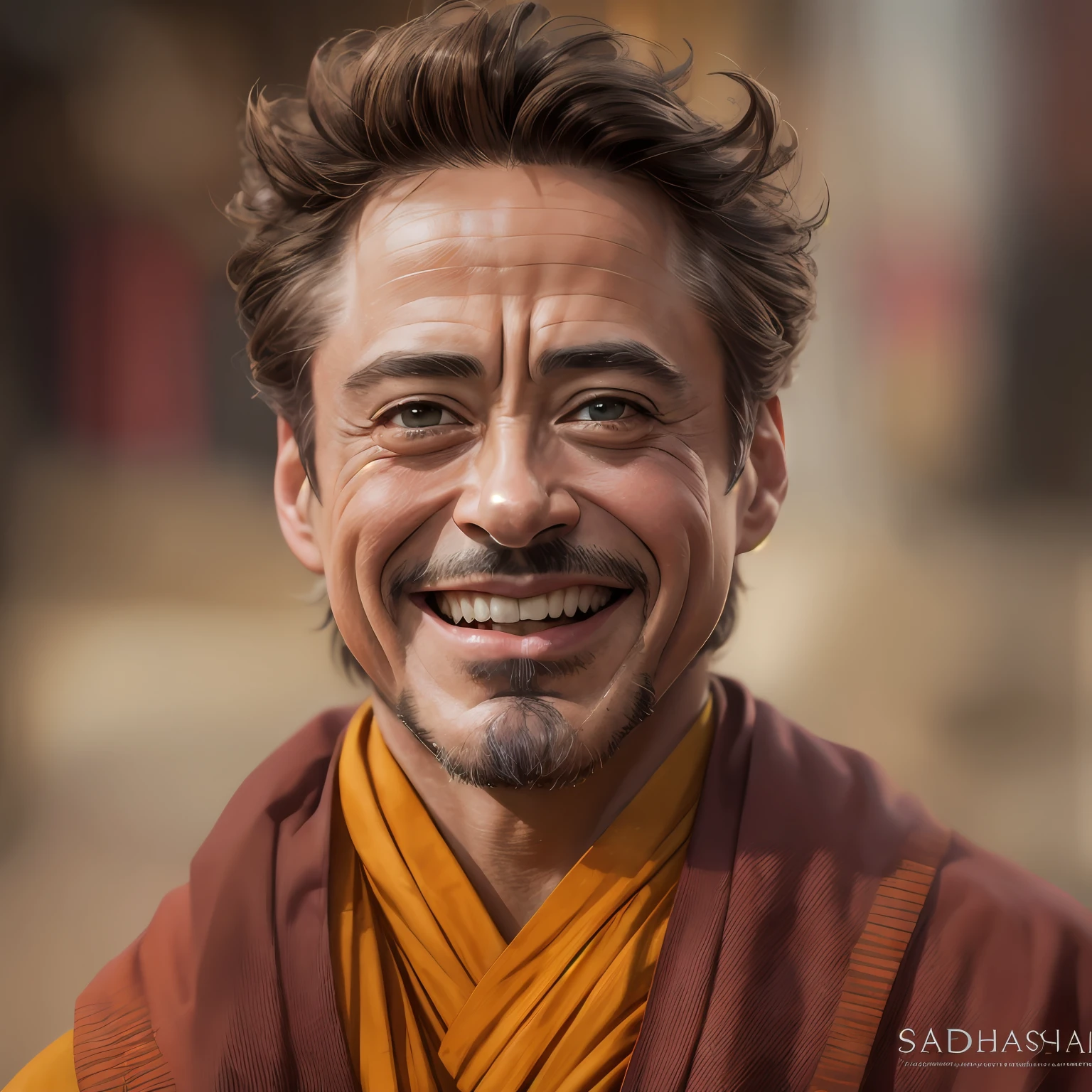 robert downey jr, Smiling Face, cinematic portrait photo of a very interesting robert downey jr Wearing the saffron robes of a monk, Inspired by Sadhusant, Saffron clothes, Rudraksha beads, rudraksha in hand, ghat of varanasi, eyes close up, highly detailed vfx portrait, taken with a full frame camera with a wild lens,