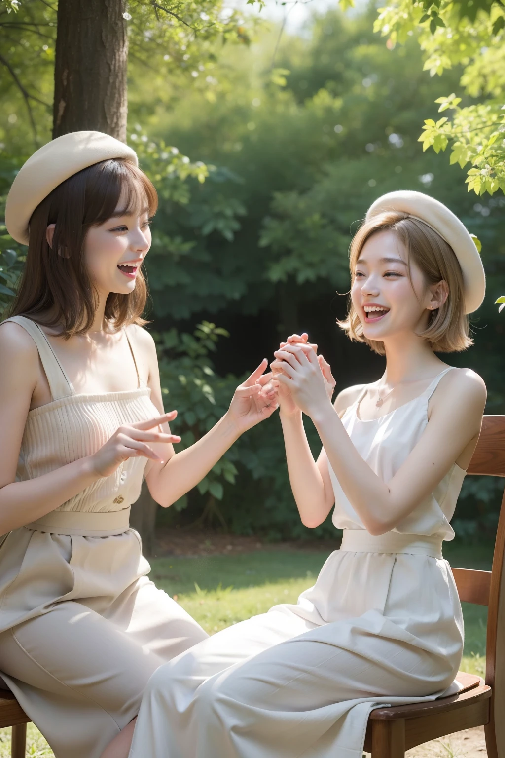 Photo Real、photoRealstic、top-quality、8K Beige hair、short-haired、Lots of bangs、Hair bouncing outward、bouncing hair、Messy bouncing hair、beret The contours of the face are round、small mouth、a small face、drooing eyes、elongated eyes、Young Face、a baby face、Beautiful skin White fashionable clothes、Beige long skirt、long skirt 18year old、young body、skinny body、Beautiful skins Laughing elegantly、Facial expressions to enjoy、Laughing expression、Have fun、Gentle expression、sit a chair Background with、in woods、Sunlight shines in、Shade、beautiful forest、Wooden chair、vases