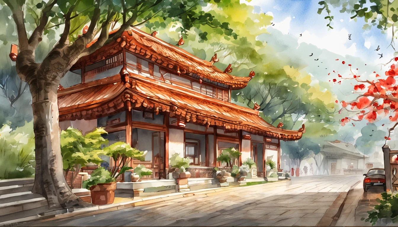 Old residential area,Red brick building,Big banyan tree,Clean the pavement,Strong sunshine,夏天,in the early morning,Light red tones,super-fine,Carefully portrayed,high qulity,8K,