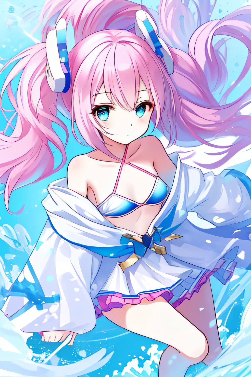 A girl，A pink-haired，Straight body，Wear only a white ultra-small bikini，adolable，blue color eyes，Loving，Single horsetail，There is a groove in the chest