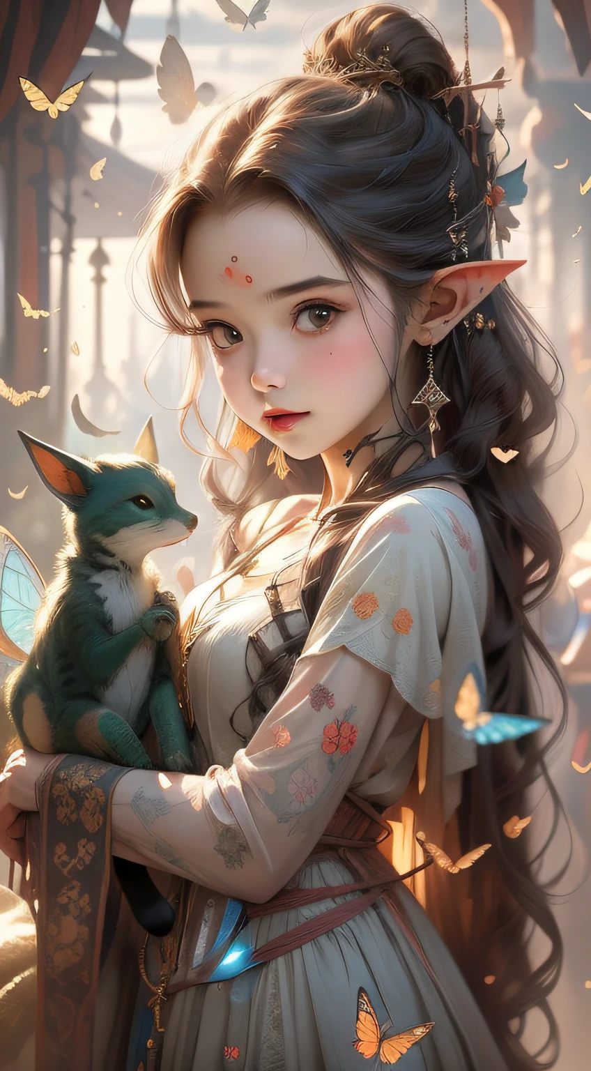 A long-haired woman holds a kitten in her arms, Fantasy art style, digital fantasy art ), Guviz-style artwork, beautiful fantasy art, beautiful fantasy art portrait, fantasy style art, Cute detailed digital art, Realistic fantasy artwork, trending digital fantasy art, amazing fantasy art, cute detailed artwork, by Yang J, very beautiful fantasy art