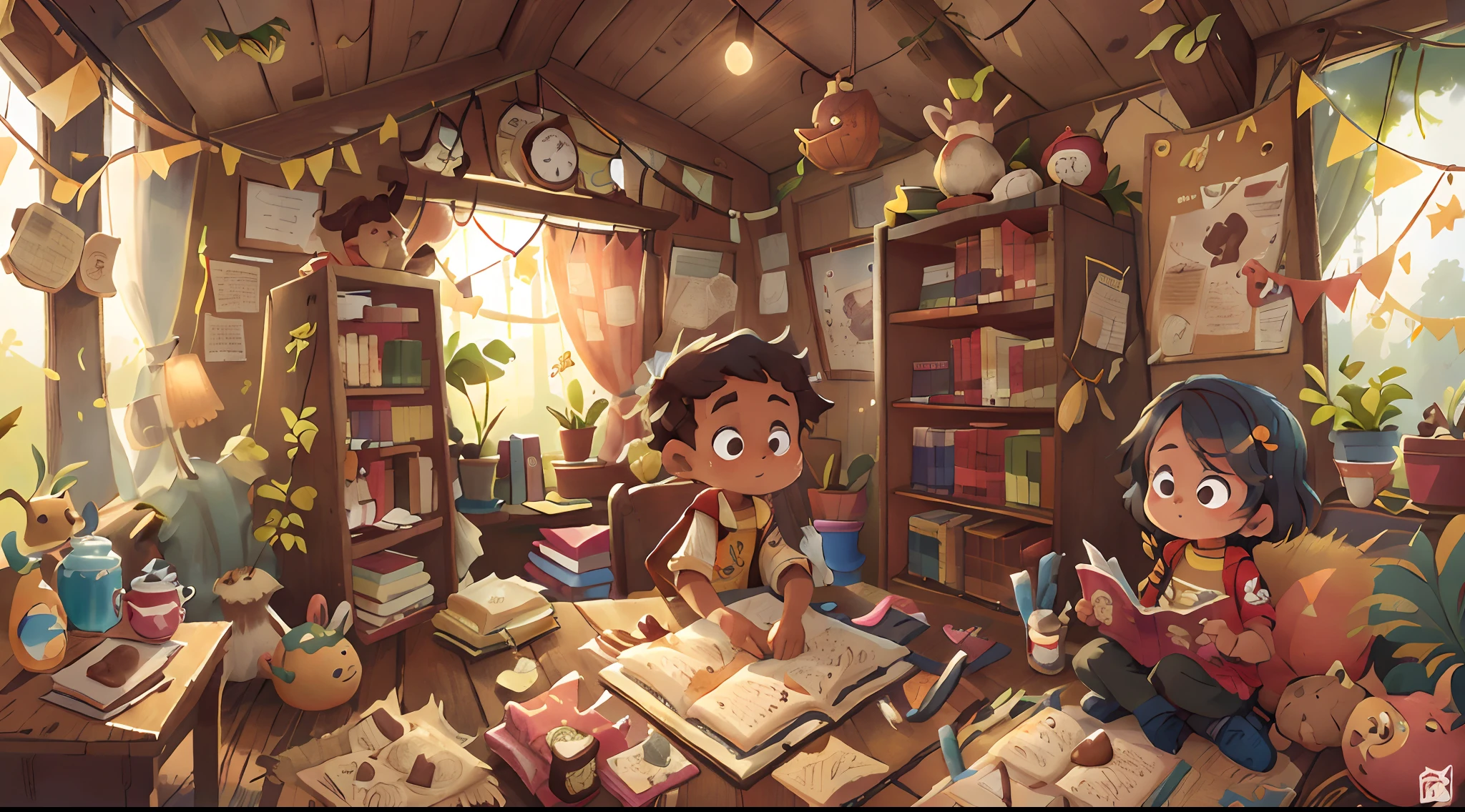 Numa tarde chuvosa, Laura de 10 anos de idade, cabelo castanho claro, africana e Pedro de 8 anos de idade, cabelo curto escuro, africano, curiosos, They discovered an old dusty chest in the attic of their grandmother's house. Among the forgotten relics, encontraram um mapa estranho, full of bright colors and magical marks. Ao tocarem no mapa, He began to glow brightly, e os dois foram envolvidos por uma luz dourada. Quando abriram os olhos, they stood before a huge tree, cujas folhas eram feitas de chocolate. Assim, the incredible journey to the Land of Chocolate Coins began. ((melhor qualidade)), ((obra-prima)), (detalhado), (alta resolução)