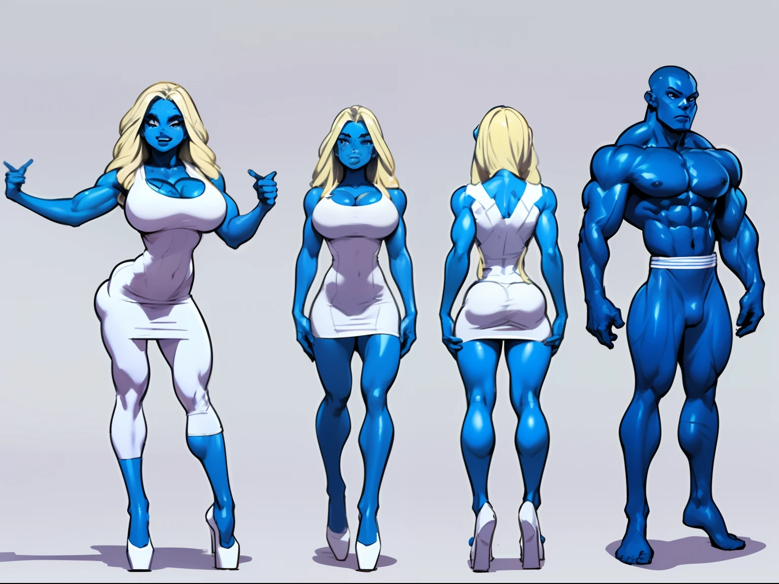 ((masterpiece)),(((best quality))),((character design sheet)), ((full body view)) illustration,1girl, muscular The Smurfs in background, ((blue skin:1.2)), Smurfette, light blonde hair, white dress ((detailed face:1.4)) blue woman, shiny skin, scribbles and marks, , rough sketches, pose, 8k,16k, (simple background, white background: 1.3)