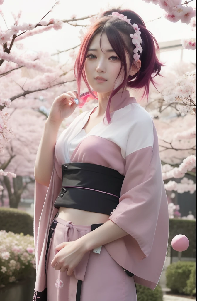 Sakura uchiha. A woman was at the cherry blossom garden. She's wearing a pink komono with a sakura accent. With a black belly-cord. She had pink hair. Her hair unraveled. Her skin is so white and smooth. Her cheeks are so rosy. He looked at the camera. She's so gorgeous and realistic