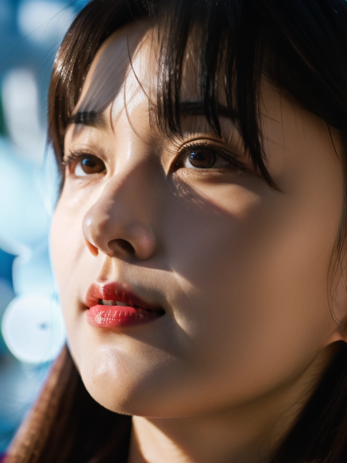 closed lips, cute smile, cinematic photo (art by Mathias Goeritz:0.9) , photograph, from side, most beautiful British-Japanese girl, Random expression,The setting sun, cloud, tilt shift, H, specular lighting, film grain, Samsung Galaxy, F/5, (cinematic still:1.2), freckles . 35mm photograph, film, bokeh, professional, 4k, highly detailed ,1 girl,midjourney,yuzu, perfect, fingers, ,Extremely Realistic