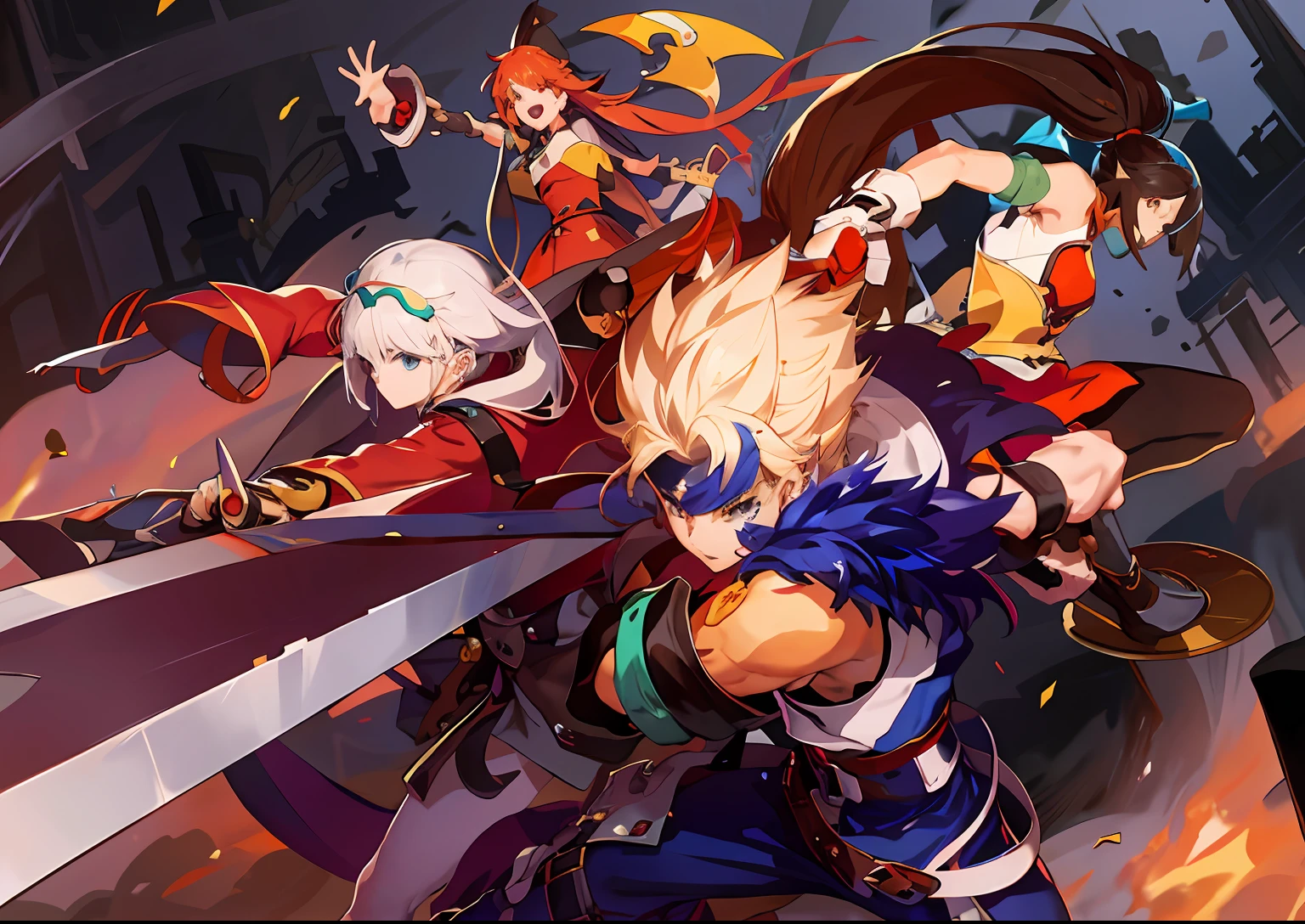 Close-up of a group of anime characters holding swords, key art, style of duelyst, guilty gear art style, chrono trigger guilty gear style, hero 2 d fanart artsation, guilty gear art direction, king of fighters style, Wallpaper phone, Guilty Gear strives to splash art, high detailed official artwork, Official Splash Art, guilty gear