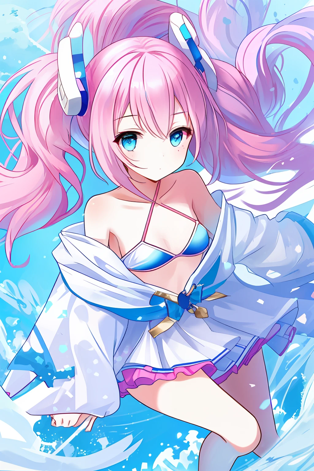 A girl,A pink-haired,Straight body,Wear only a white ultra-small bikini,adolable,blue color eyes,Loving,Single horsetail,There is a groove in the chest