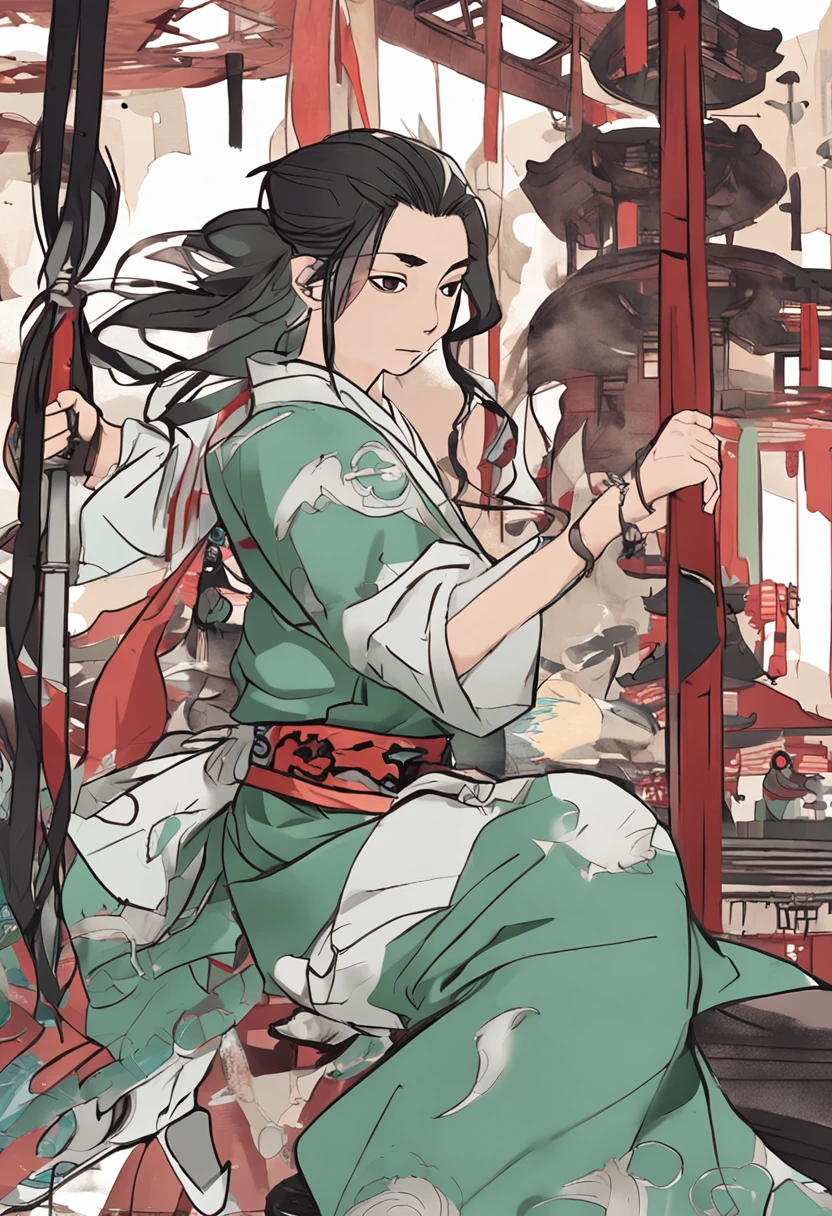 Libido boy，HighestQuali，extremely detaile，Youthful，Sword-eyed stars，Tribal Junior，Around twelve years old，Young man，cool guy，Ancient wind，vivaciousness，child，Libido boy，Gorgeous light green robe，Black Chinese style high ponytail，Black eyes，Sunny and cheerful，Young man，Black hair，s delicate face，sharp sharp eyes，Clear eyebrows，Kind expression，Fluttering hair，Flowing sleeves，Ancient style，Wind dance pose, Long flowing black hair flowed out，Messy hair，Qi Yu Xuanang，looking at viewert，（tmasterpiece：1.4），（best qualtiy：1.4），(The composition is perfect)，high-definition depiction，8K，The polar composition of the film，Cinematic lighting，Cinematic texture，Strong sense of atmosphere