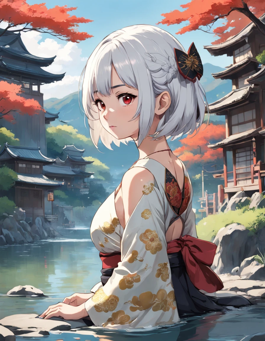 Detailed portrait of a Japanese girl, Skinny girl, Pear-shaped body, Red and black, old anime style, (anime big breast), (teen girl:1.2), Ghibli style, boobgasm, (tatoos:1.2), No shoulder strap, Shirt collar, Kneeling, looks away, in river, Flat colors, Intricate, Elaborate dress, Beautiful face, Short hair, White hair, hijabi sluty, River, landscape, Masterpiece, Best quality, Old Japanese house