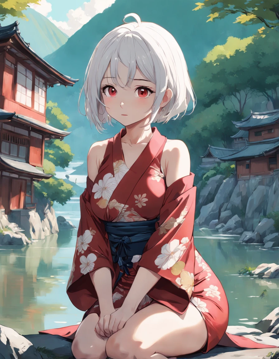 Detailed portrait of a Japanese girl, Skinny girl, Pear-shaped body, Red and black, old anime style, (anime big breast), ( girl:1.2), Ghibli style, boobgasm, (tatoos:1.2), No shoulder strap, Shirt collar, Kneeling, looks away, in river, Flat colors, Intricate, Elaborate dress, Beautiful face, Short hair, White hair, hijabi sluty, River, landscape, Masterpiece, Best quality, Old Japanese house