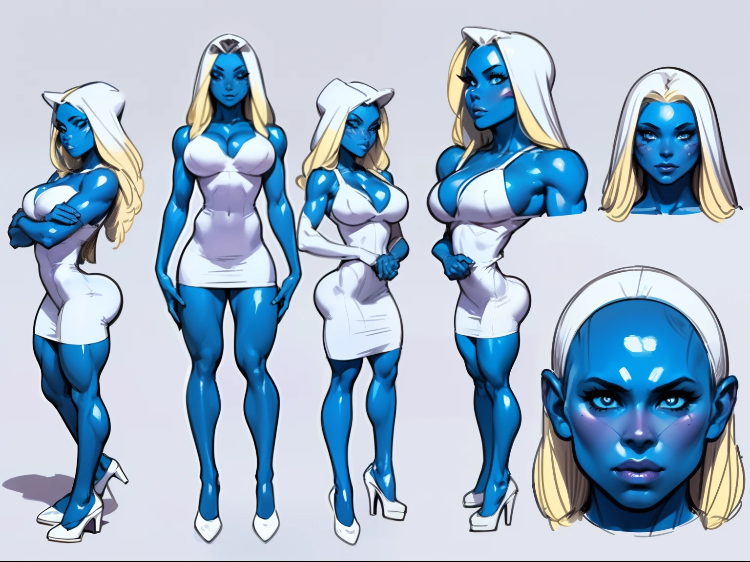 ((masterpiece)),(((best quality))),((character design sheet)), ((full body view)) illustration,1girl, muscular The Smurfs in background, ((blue skin:1.2)), Smurfette, light blonde hair, white dress ((detailed face:1.4)) blue woman, shiny skin, scribbles and marks, , rough sketches, pose, 8k,16k, (simple background, white background: 1.3)